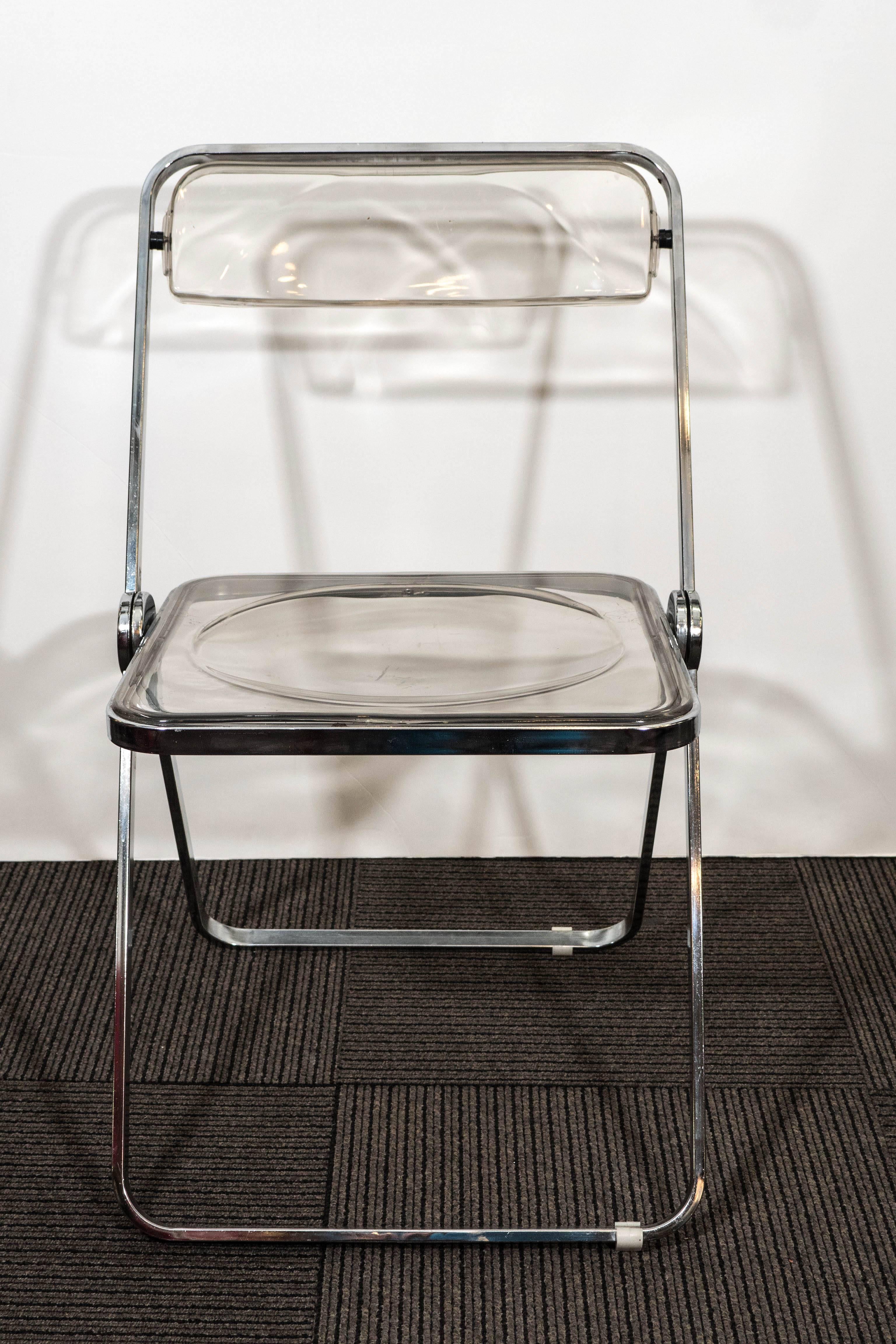 20th Century Charles Hollis Jones Lucite Game Table with Set of Four Piretti 'Plia' Chairs