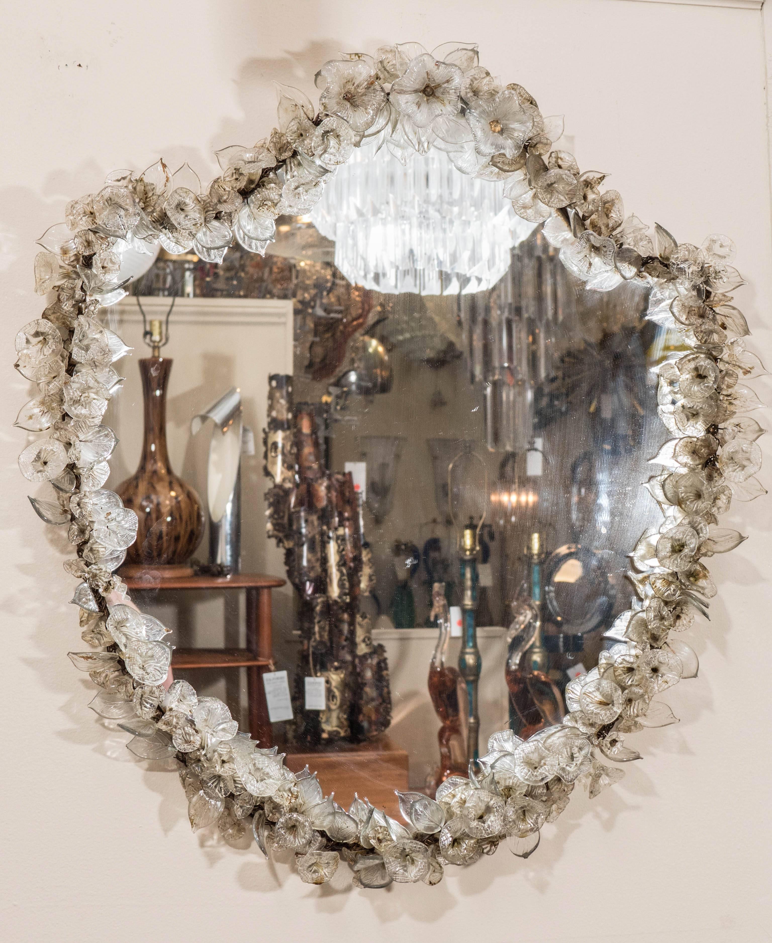 Hollywood Regency Style Shield Form Mirror with Glass Florets 1