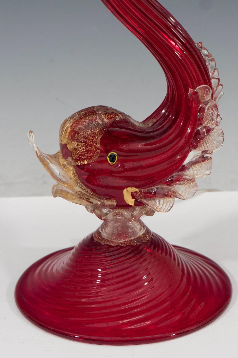 Hollywood Regency Style Red Murano Glass Fish Lamp Attributed to