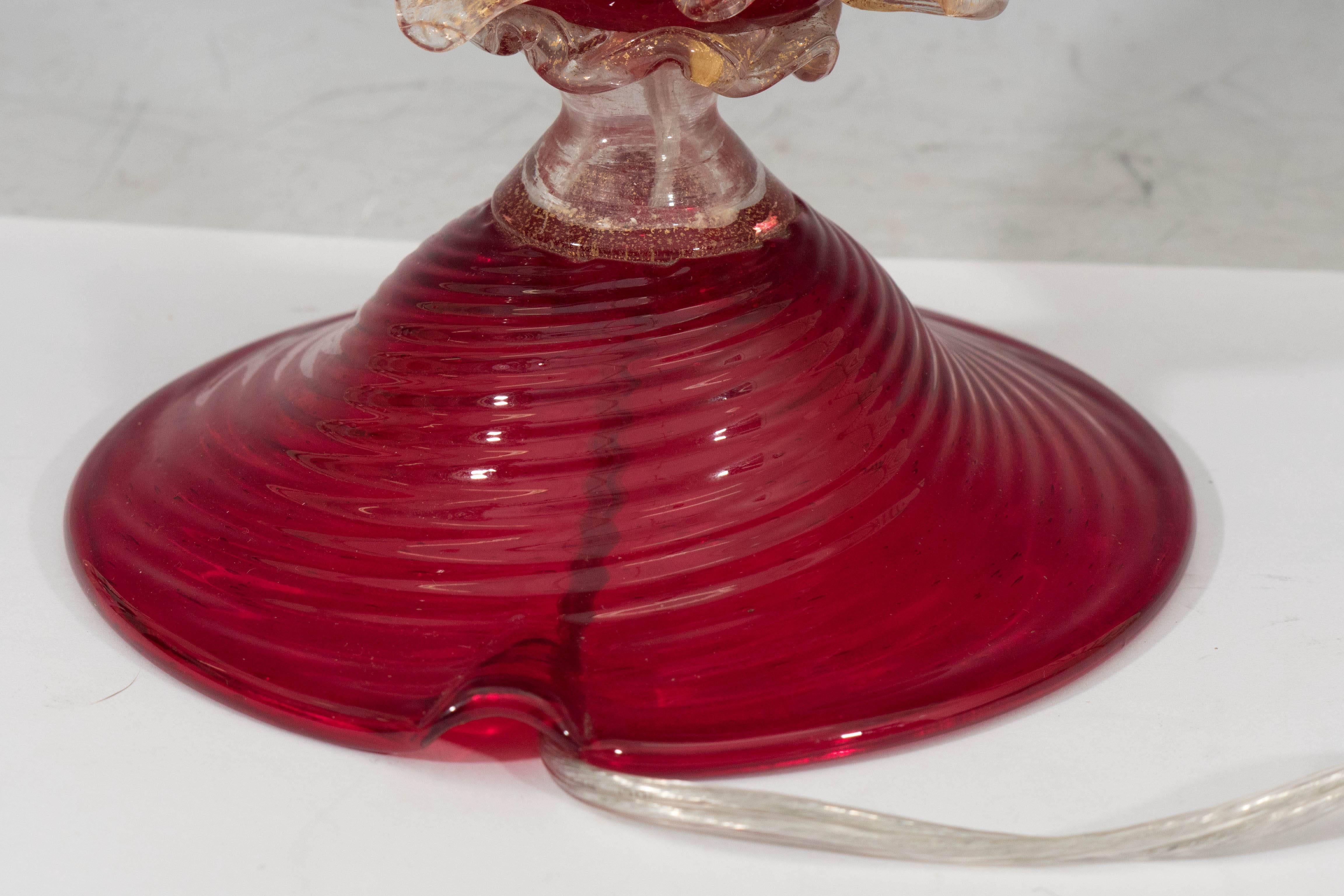 Gold Leaf Hollywood Regency Style Red Murano Glass Fish Lamp Attributed to Barovier e Toso For Sale