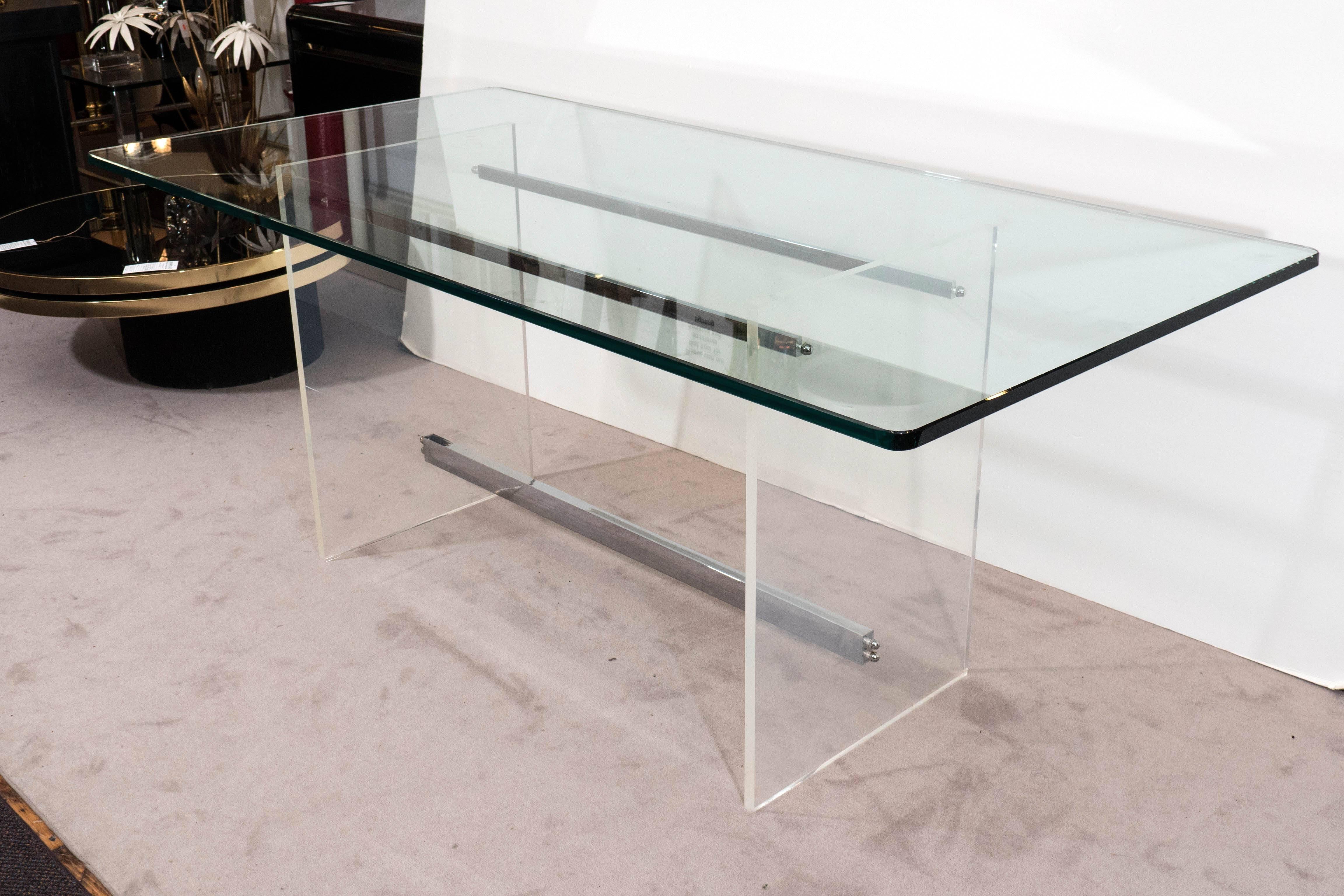 Modern Glass Top Console on Lucite and Chrome Base