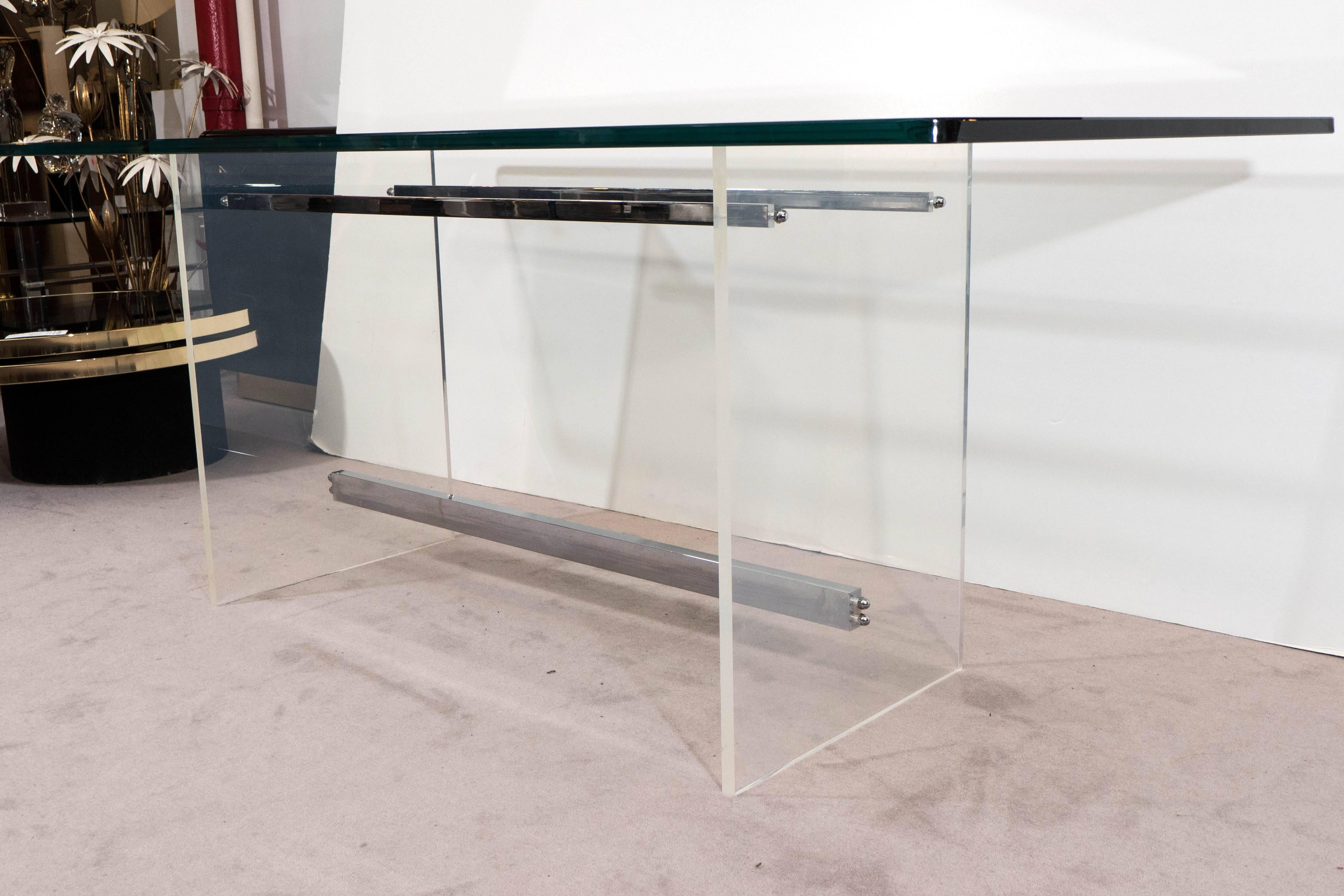 Glass Top Console on Lucite and Chrome Base In Good Condition In New York, NY
