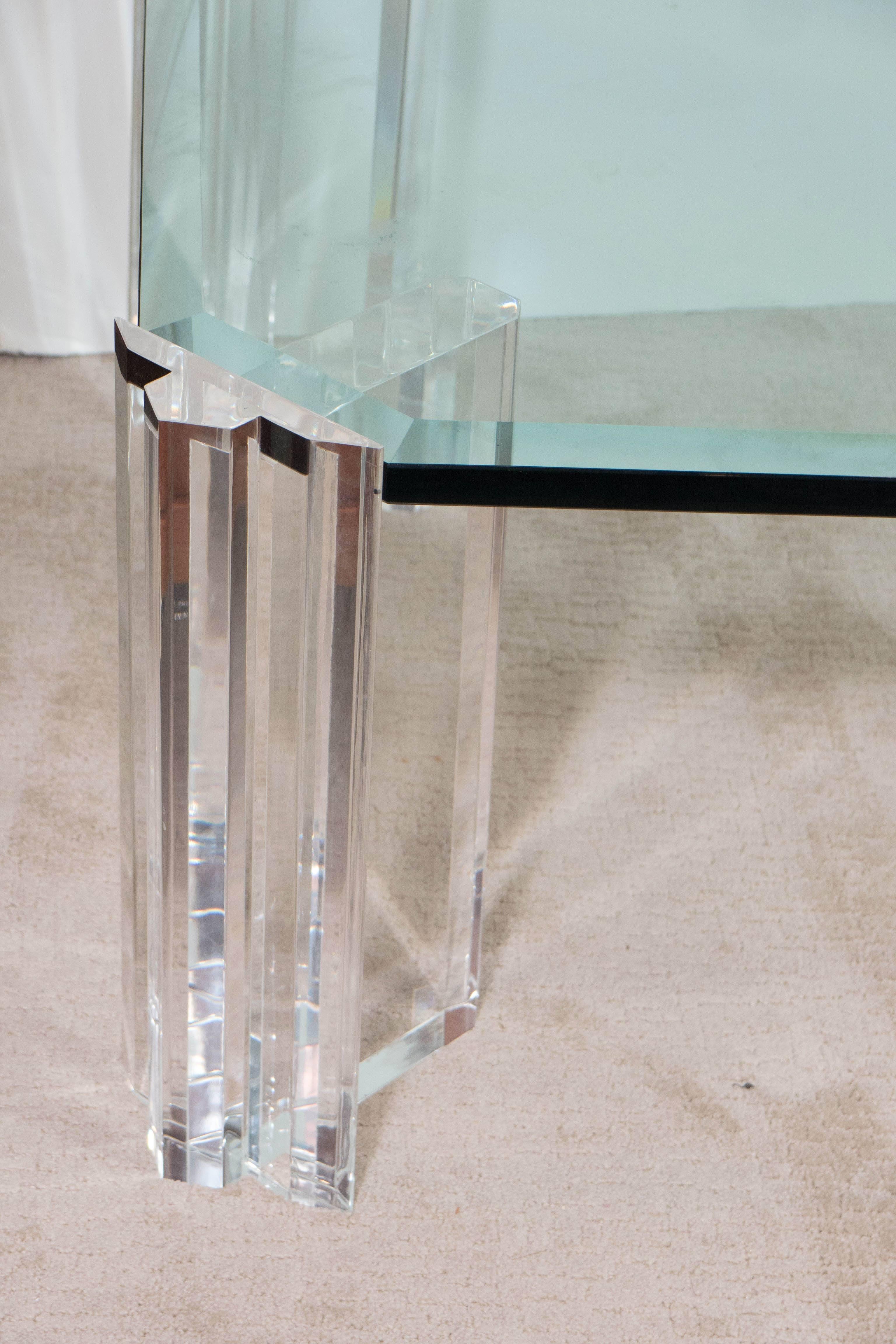 20th Century Beveled Glass Top Coffee Table on Lucite Legs