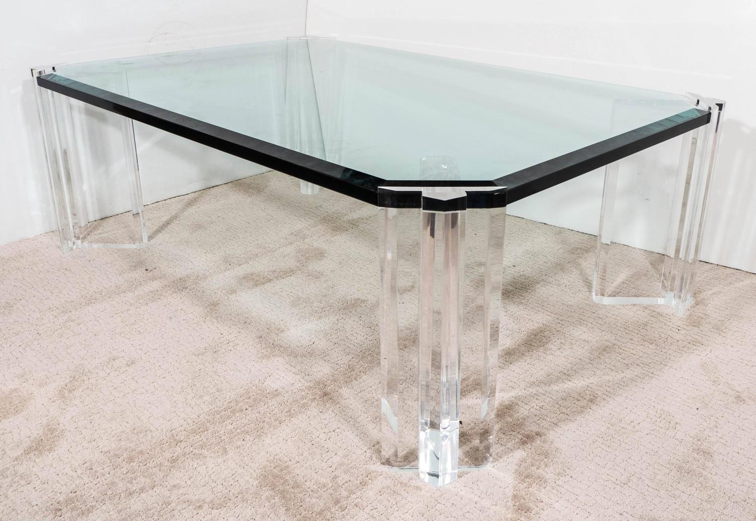 Beveled Glass Top Coffee Table on Lucite Legs For Sale at 1stdibs