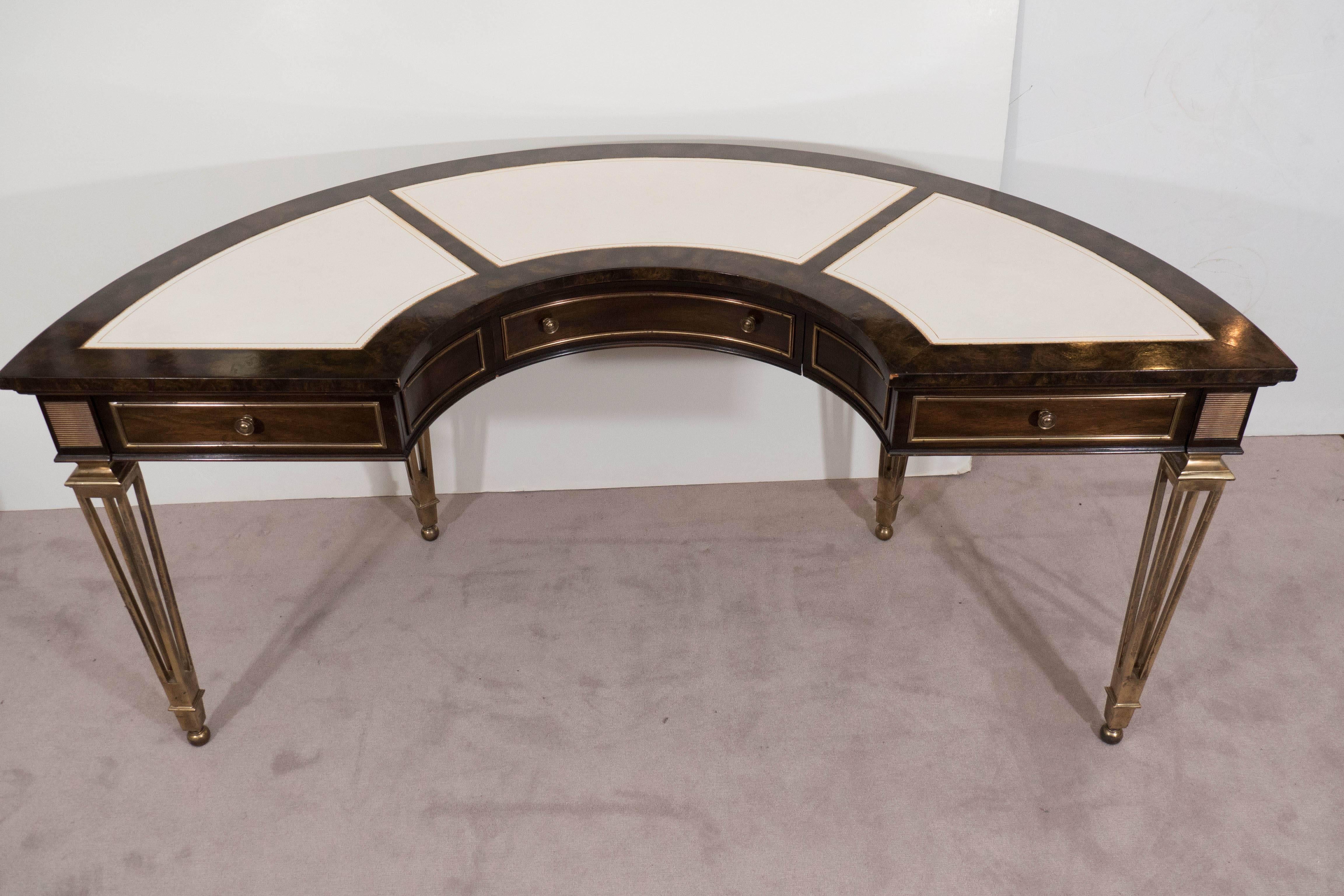 Neoclassical Mastercraft Burl Wood and Brass Demilune Desk with White Leather Tops