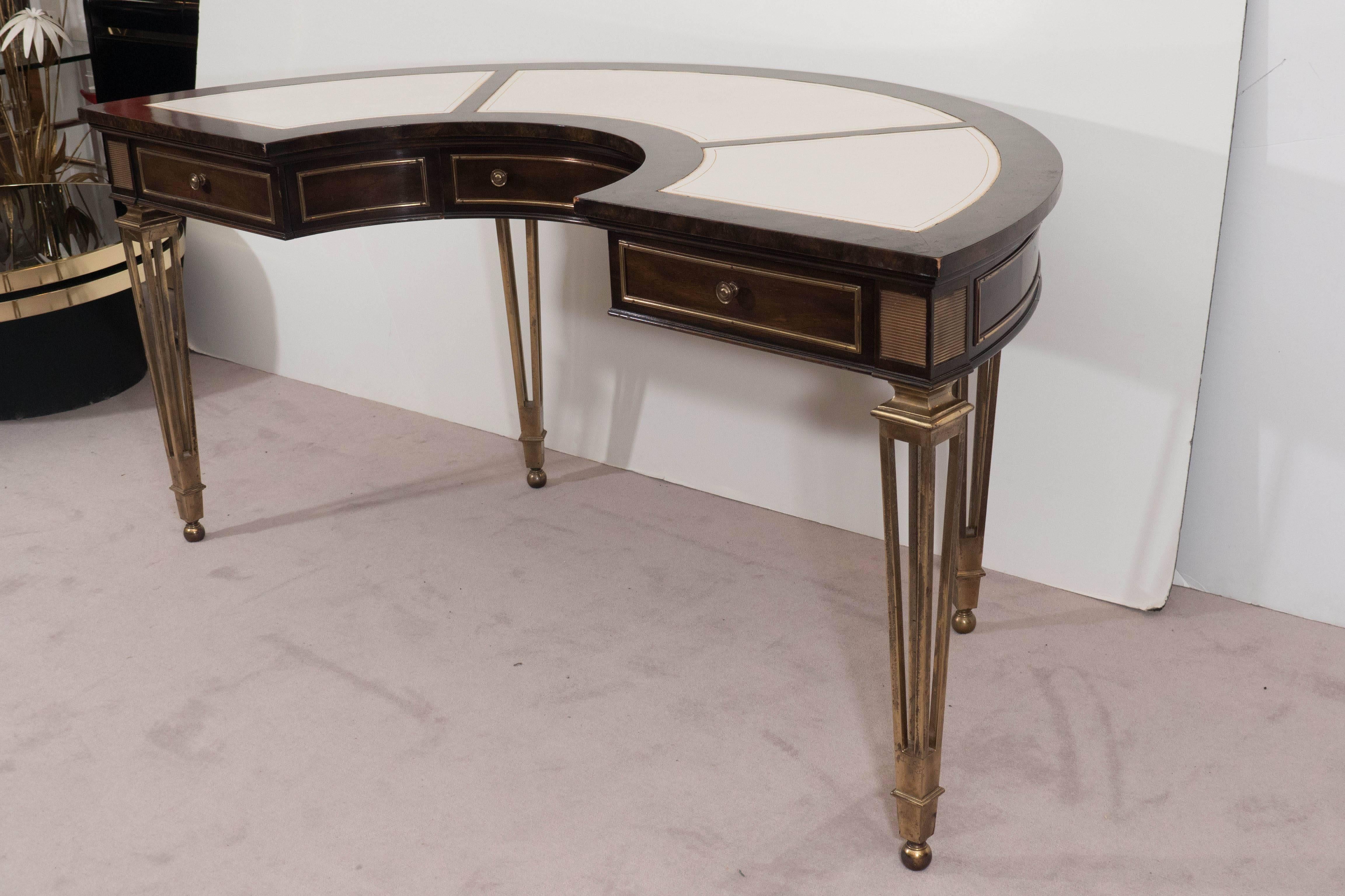 Inlay Mastercraft Burl Wood and Brass Demilune Desk with White Leather Tops
