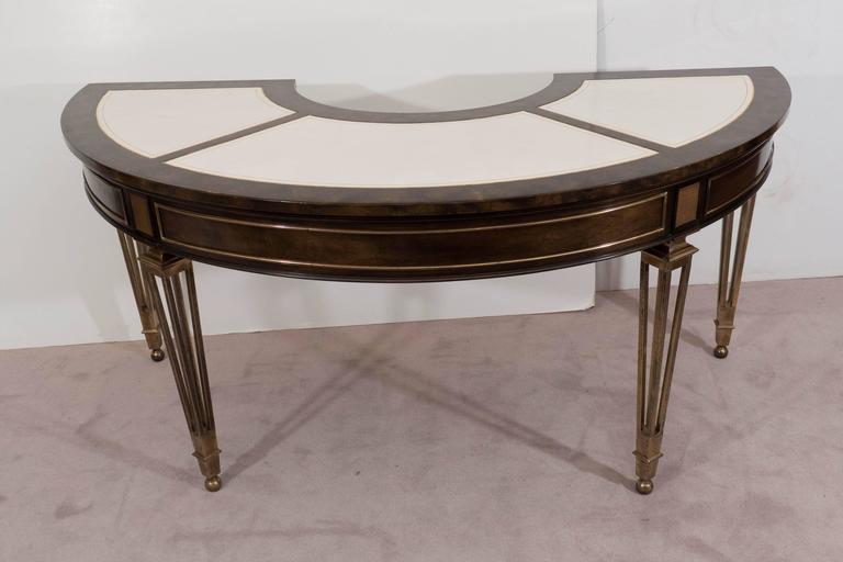 Mastercraft Burl Wood and Brass Demilune Desk with White Leather Tops