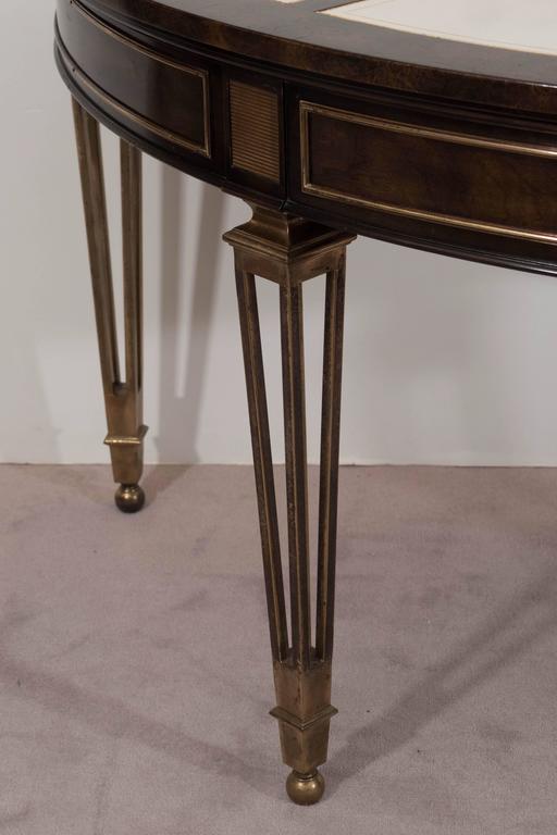 Mastercraft Burl Wood and Brass Demilune Desk with White Leather Tops