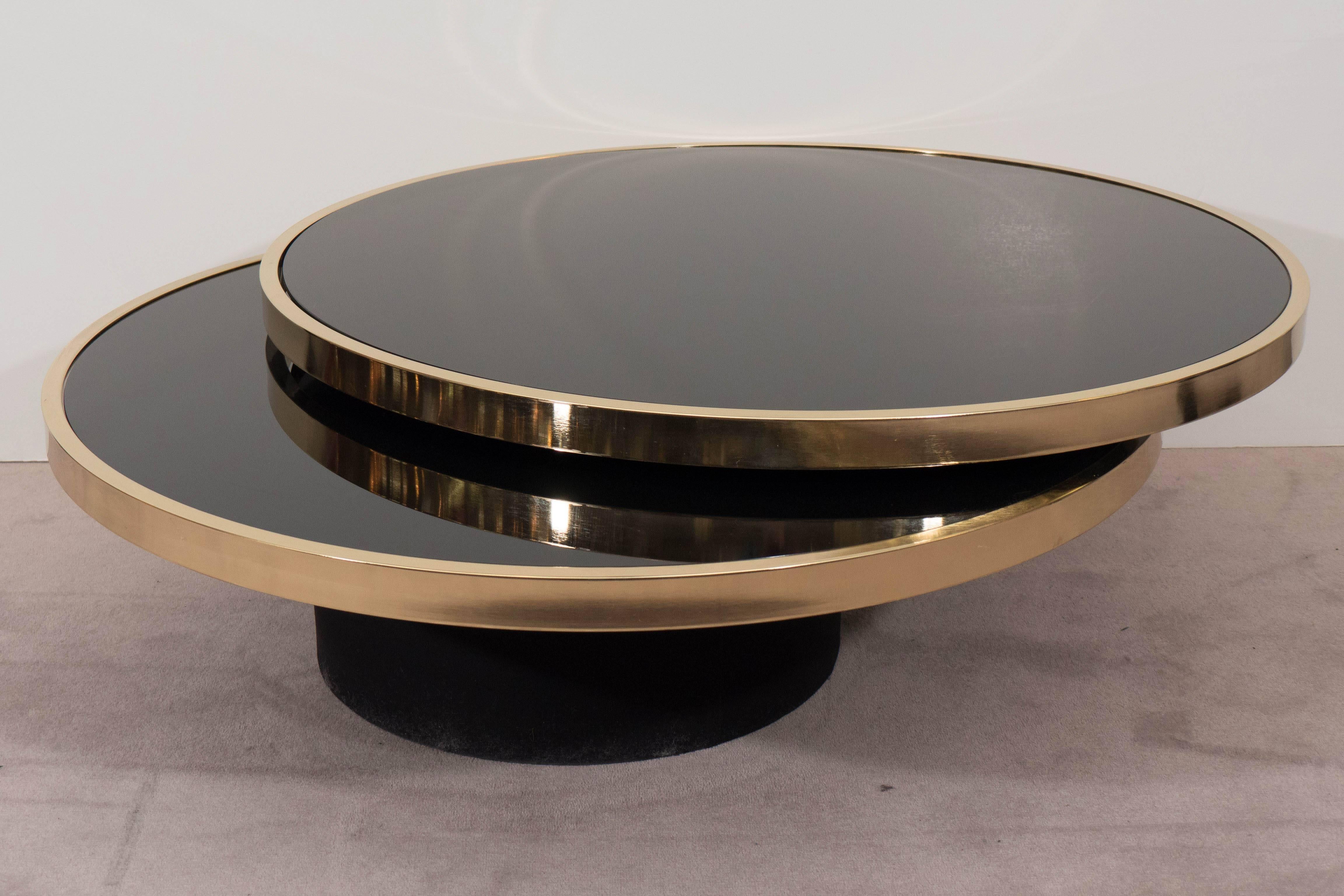 Black Glass and Brass Swivel Cocktail Table by the Design Institute of America 3