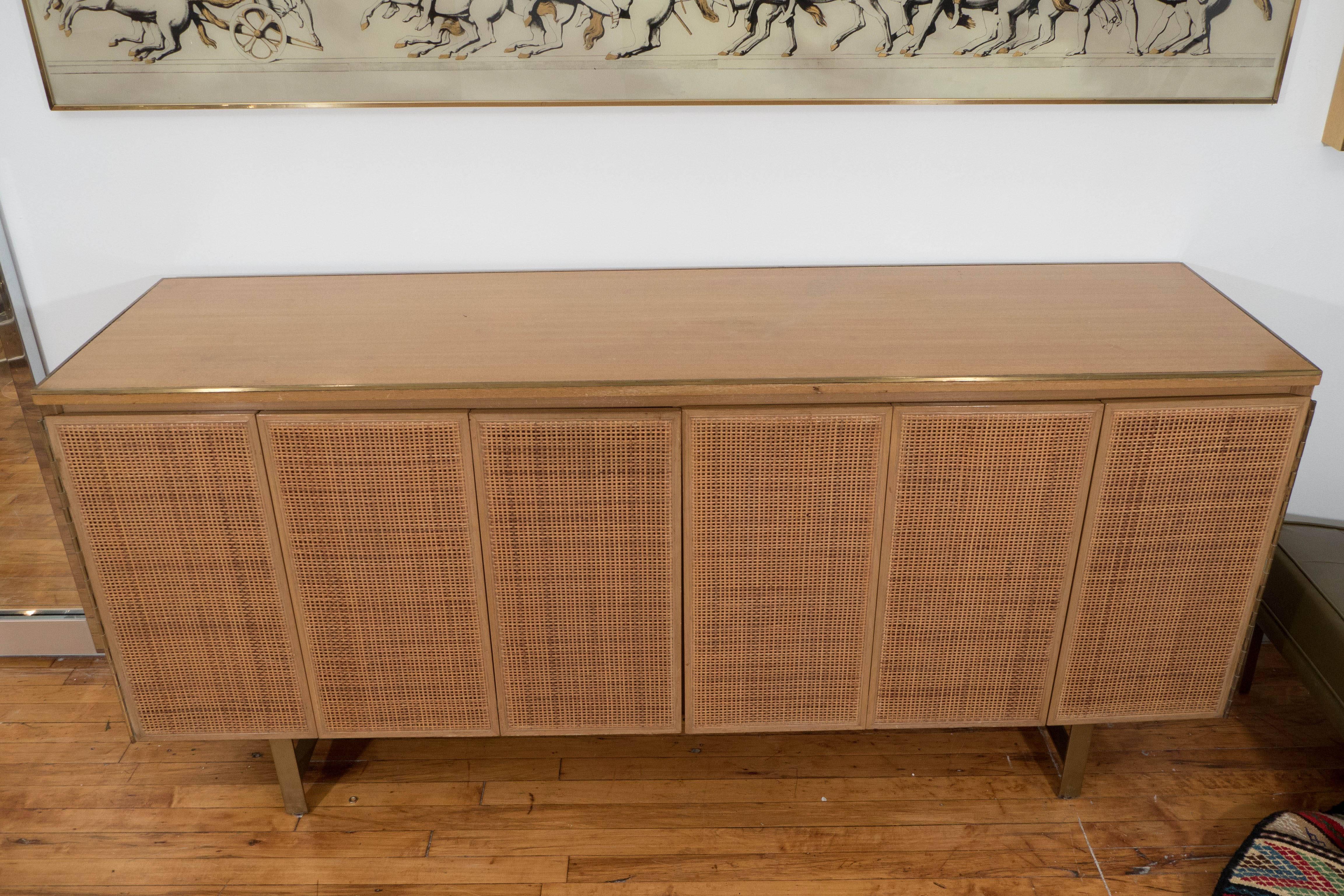 American Paul McCobb Cane Front Credenza in Wood and Brass for Calvin