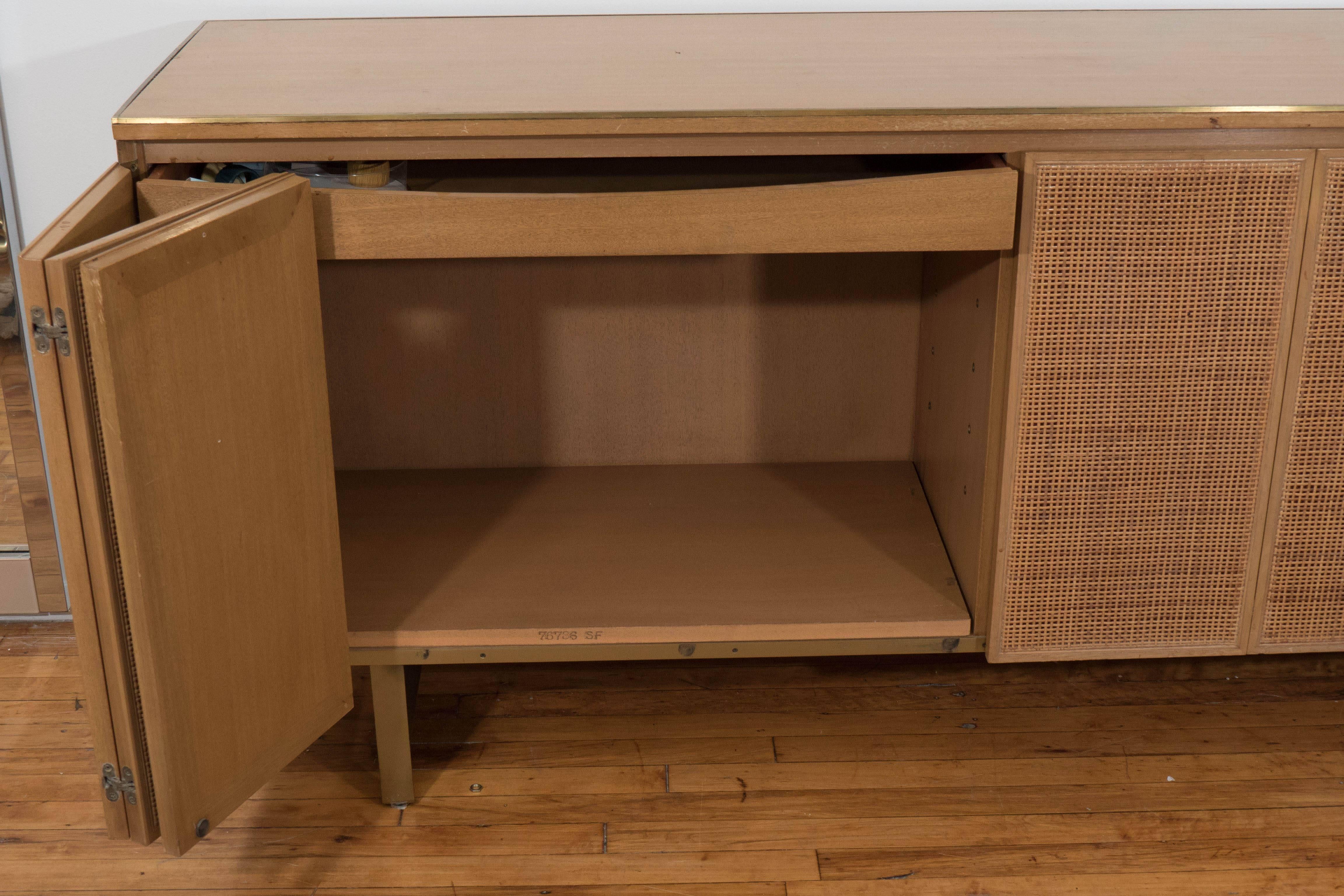Paul McCobb Cane Front Credenza in Wood and Brass for Calvin In Good Condition In New York, NY