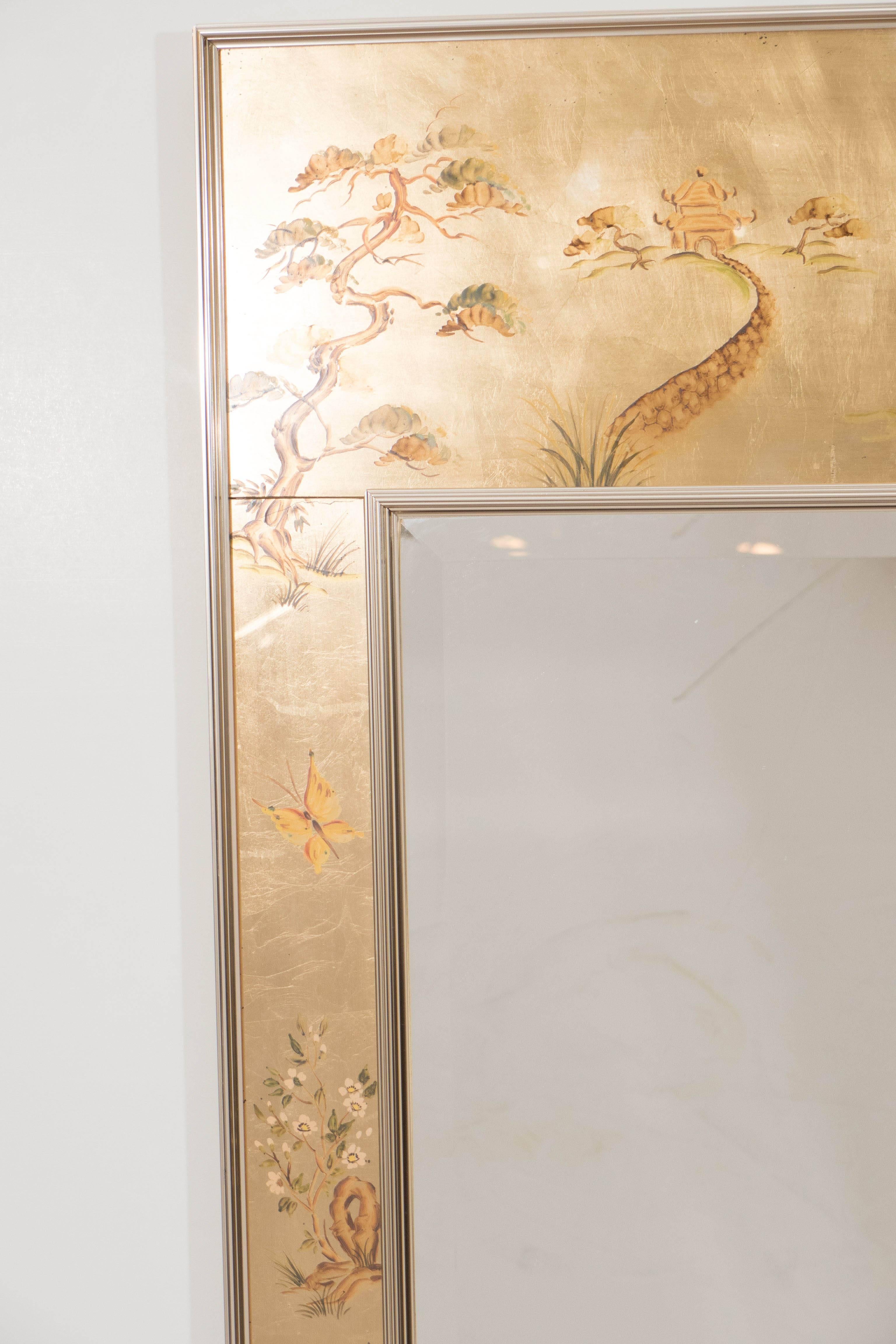 Beveled Labarge Mirror with Hand-Painted Églomisé Frame in the Chinoiserie Style