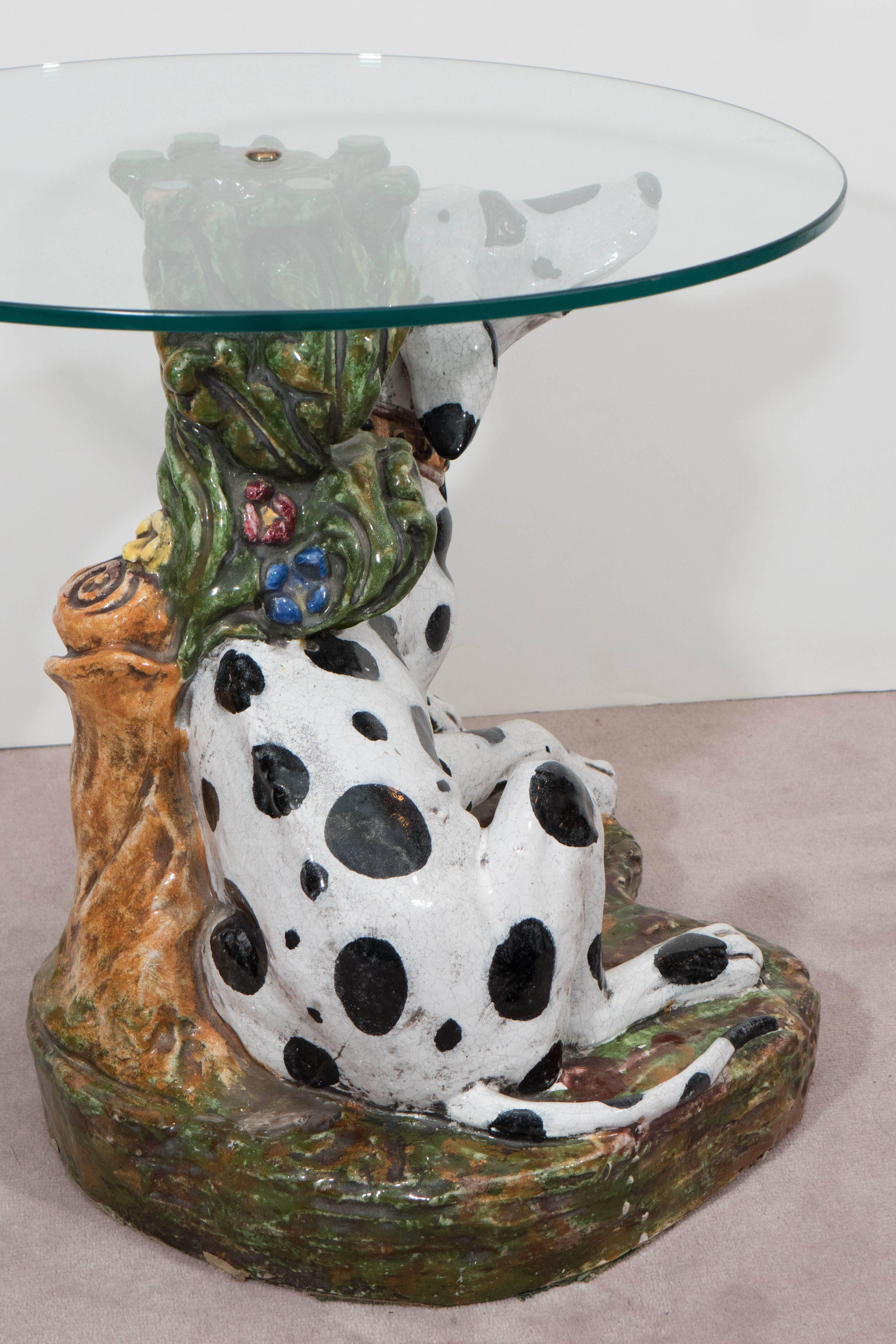 Mid-Century Modern Italian 1960s Occasional Glass Top Table with Ceramic Dalmatian as Base