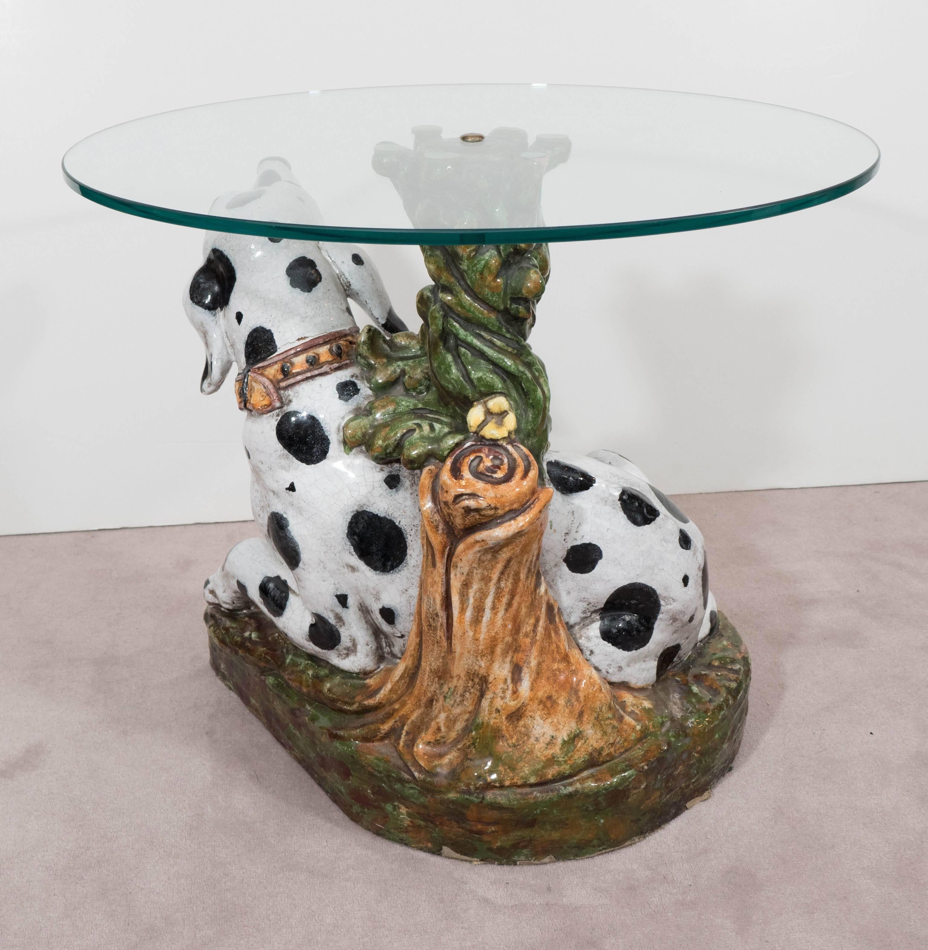 Glazed Italian 1960s Occasional Glass Top Table with Ceramic Dalmatian as Base