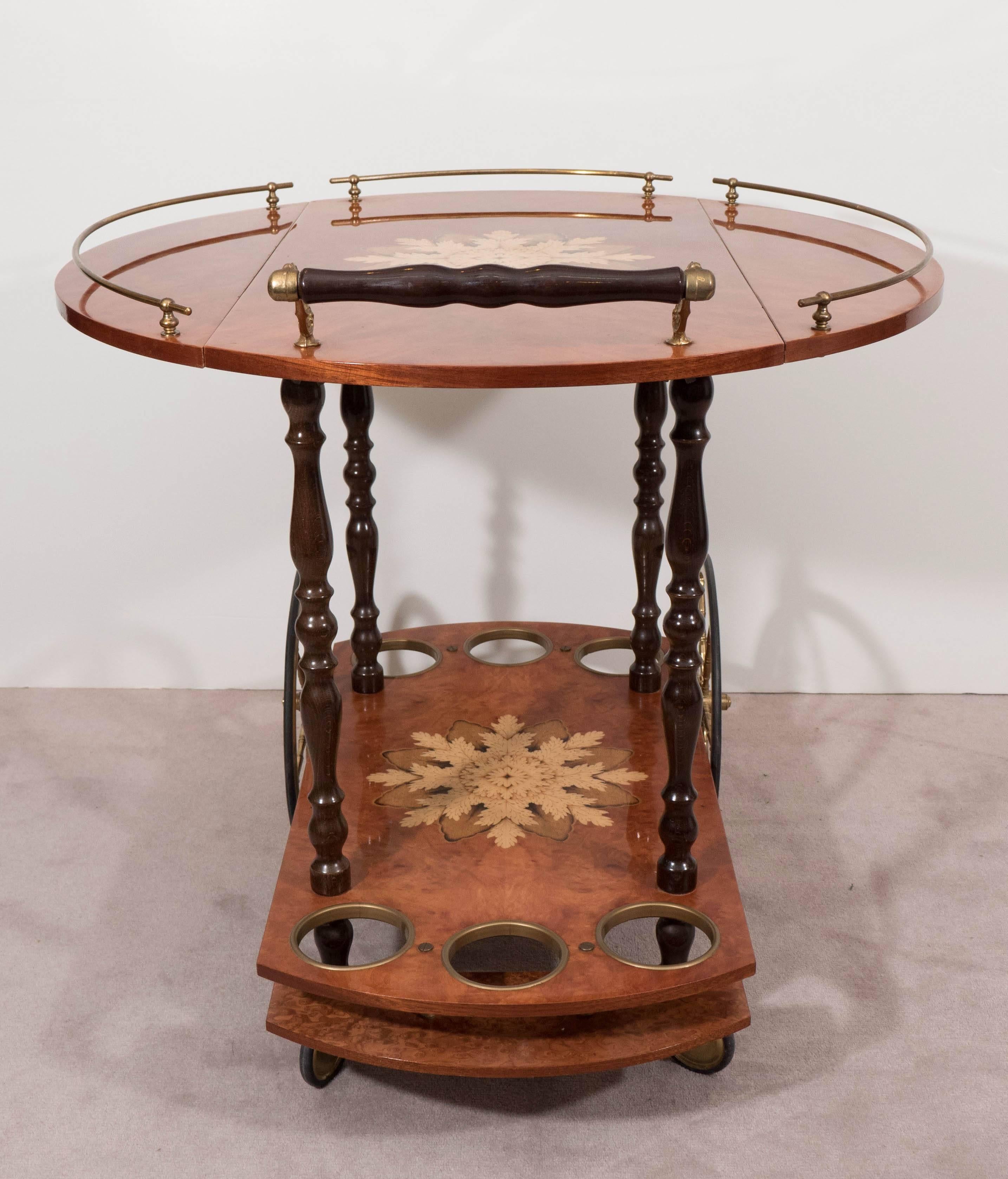 Mid-Century Modern Mid-Century Italian Drop-Leaf Burl Wood Bar Cart with Floral Marquetry