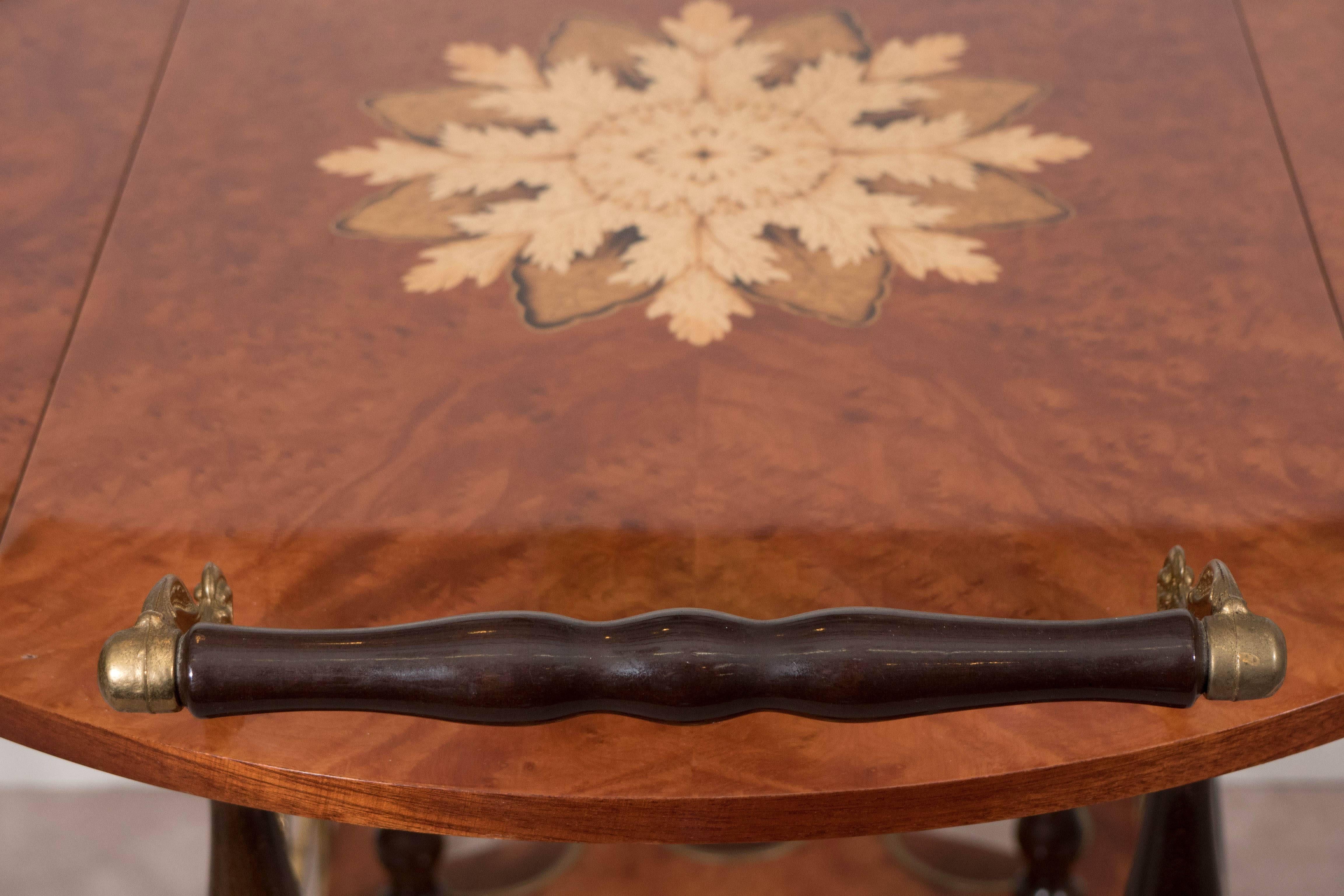 Lacquered Mid-Century Italian Drop-Leaf Burl Wood Bar Cart with Floral Marquetry