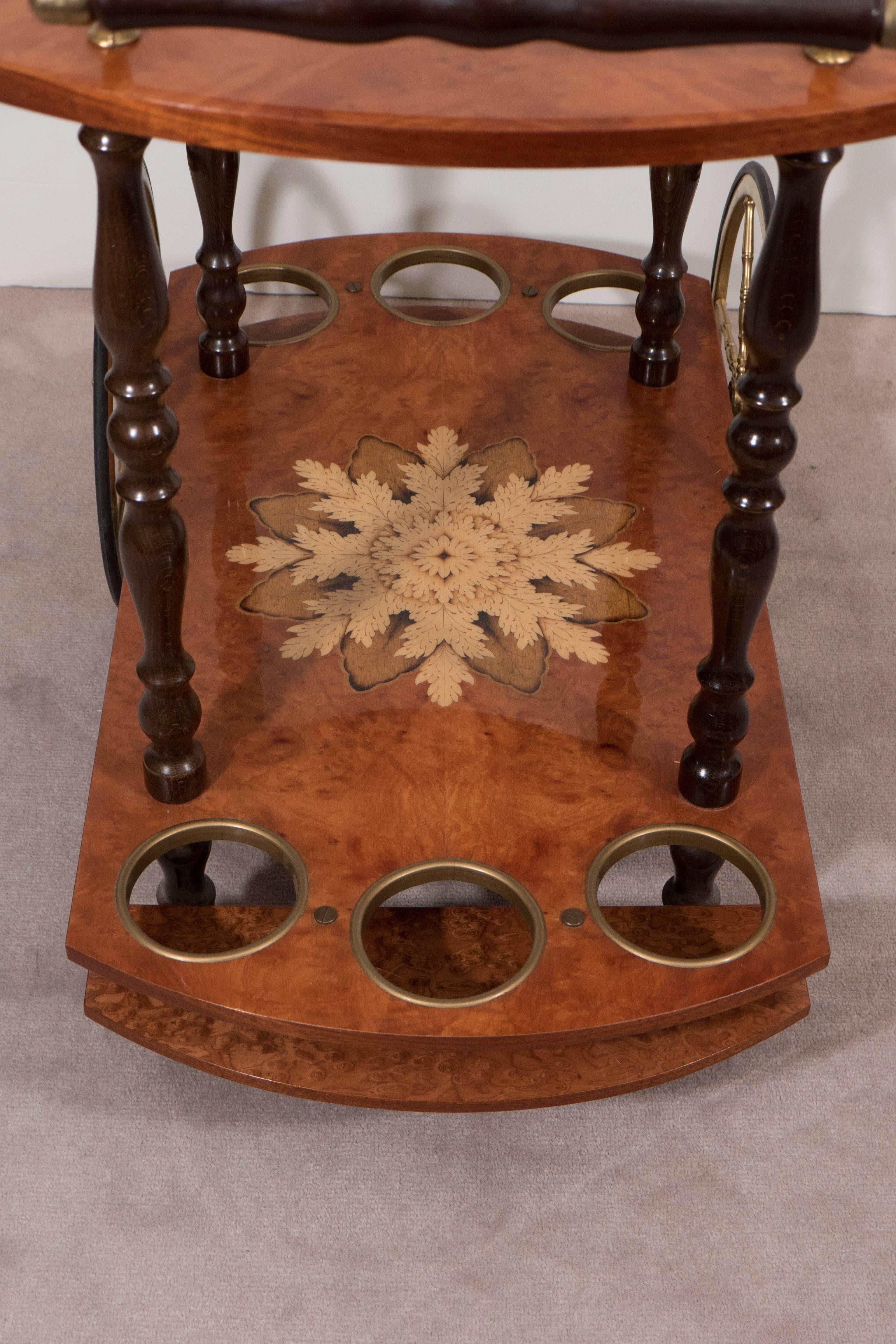Mid-Century Italian Drop-Leaf Burl Wood Bar Cart with Floral Marquetry In Good Condition In Astoria, NY