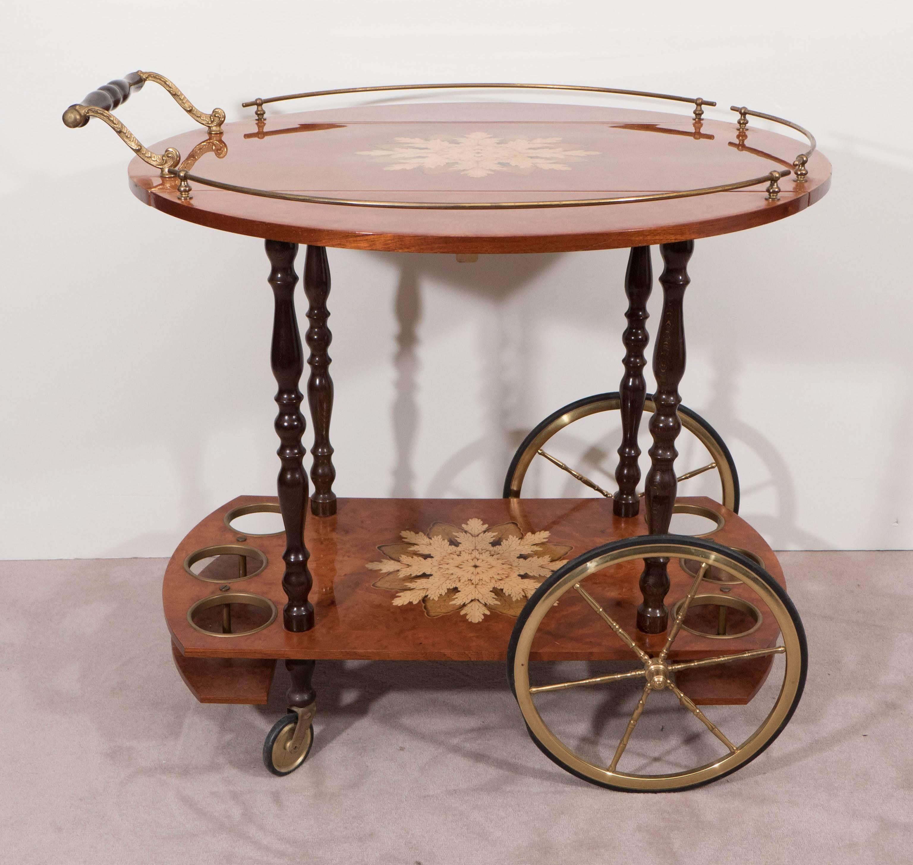 Mid-20th Century Mid-Century Italian Drop-Leaf Burl Wood Bar Cart with Floral Marquetry