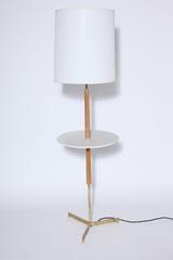 Paul McCobb Style Bleached Mahogany, Micarta & Brass Side Table Floor Lamp