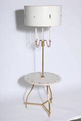 Parzinger Style Brass Floor Lamp with Six Candlesticks & Round Marble Side Table