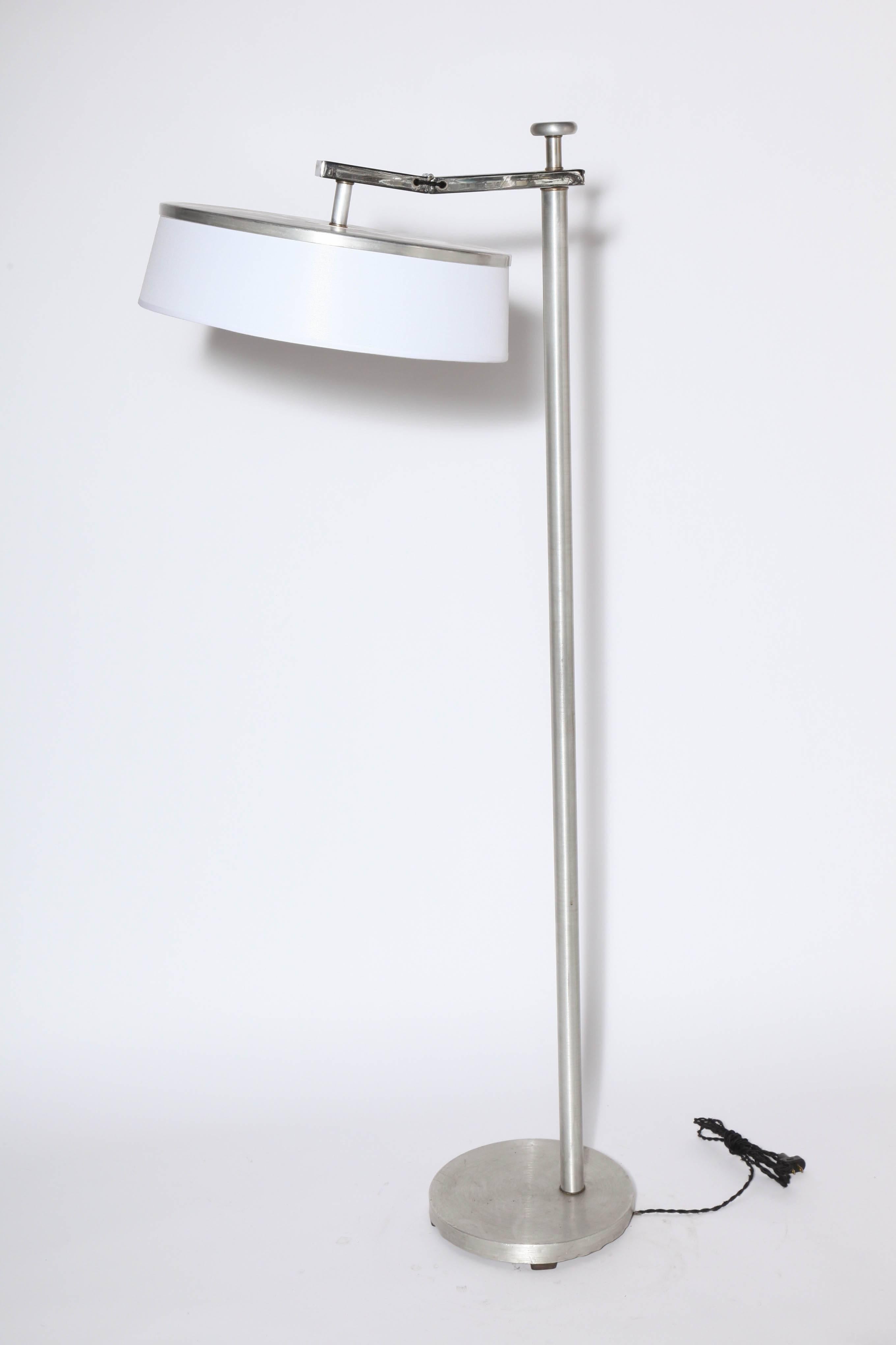 Original Kurt Versen Machine Age Tall Brushed Aluminum Floor Lamp. Shade flips up for upright or down for downlight. 16