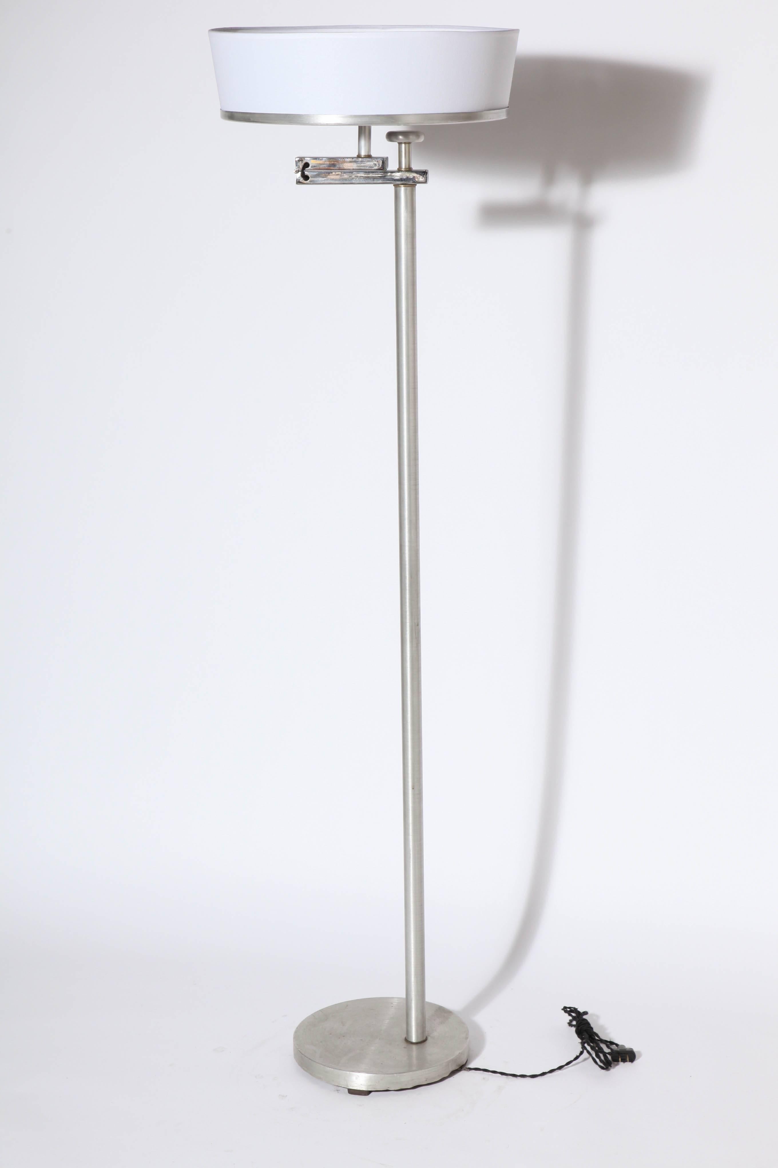 Art Deco Kurt Versen Brushed Aluminum Flip Top Floor Lamp with White Linen Shade, C. 1940