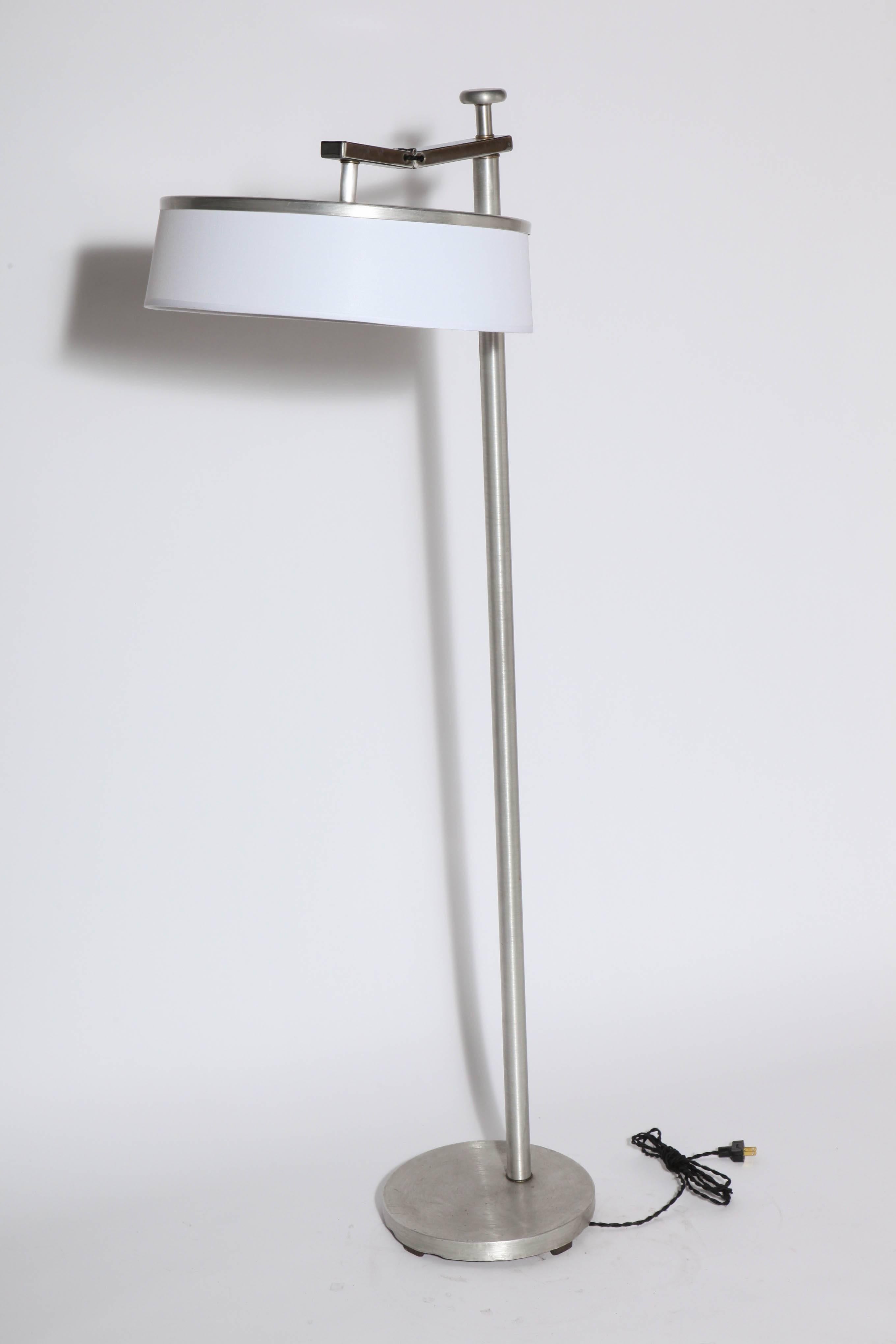 Kurt Versen Brushed Aluminum Flip Top Floor Lamp with White Linen Shade, C. 1940 3