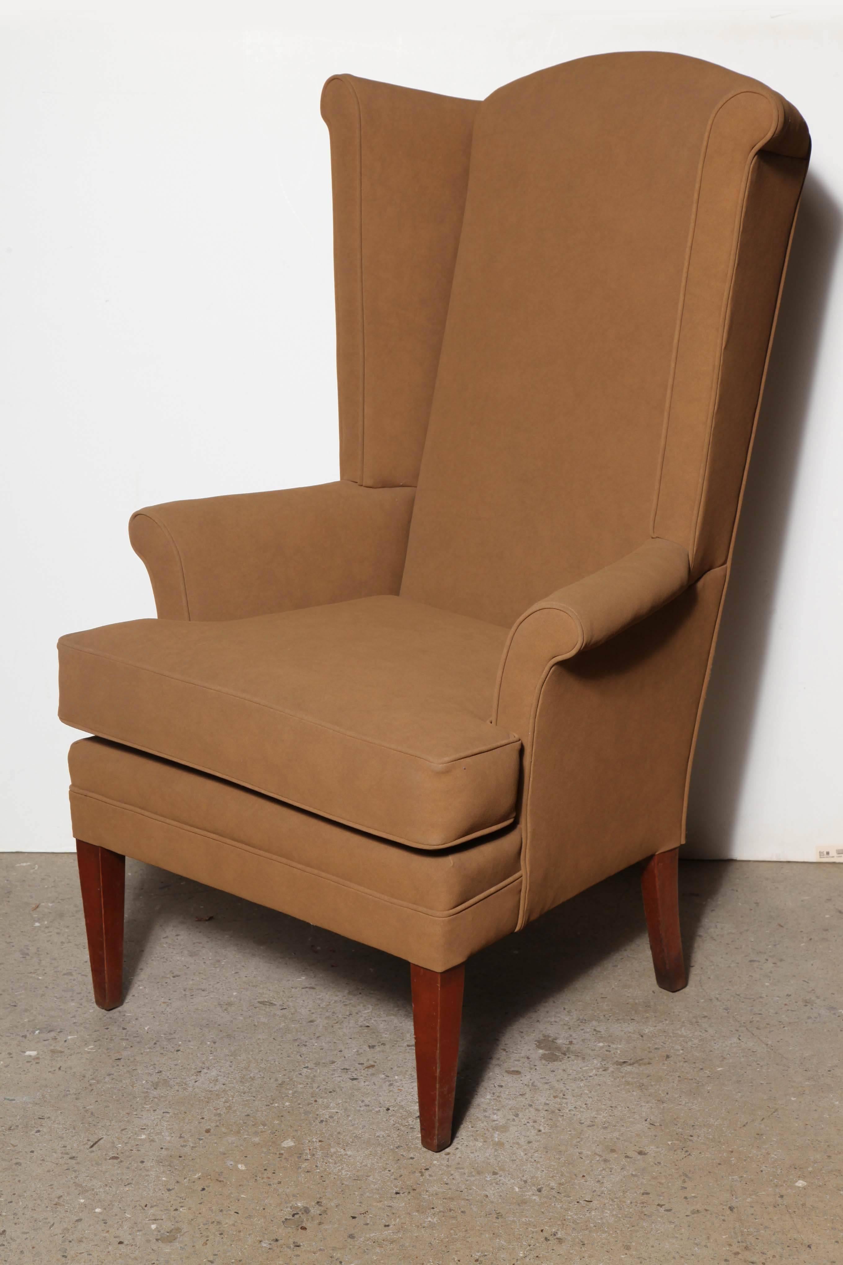 American Pair of Tall, Narrow Mid Century Camel Highback Wingback Chairs