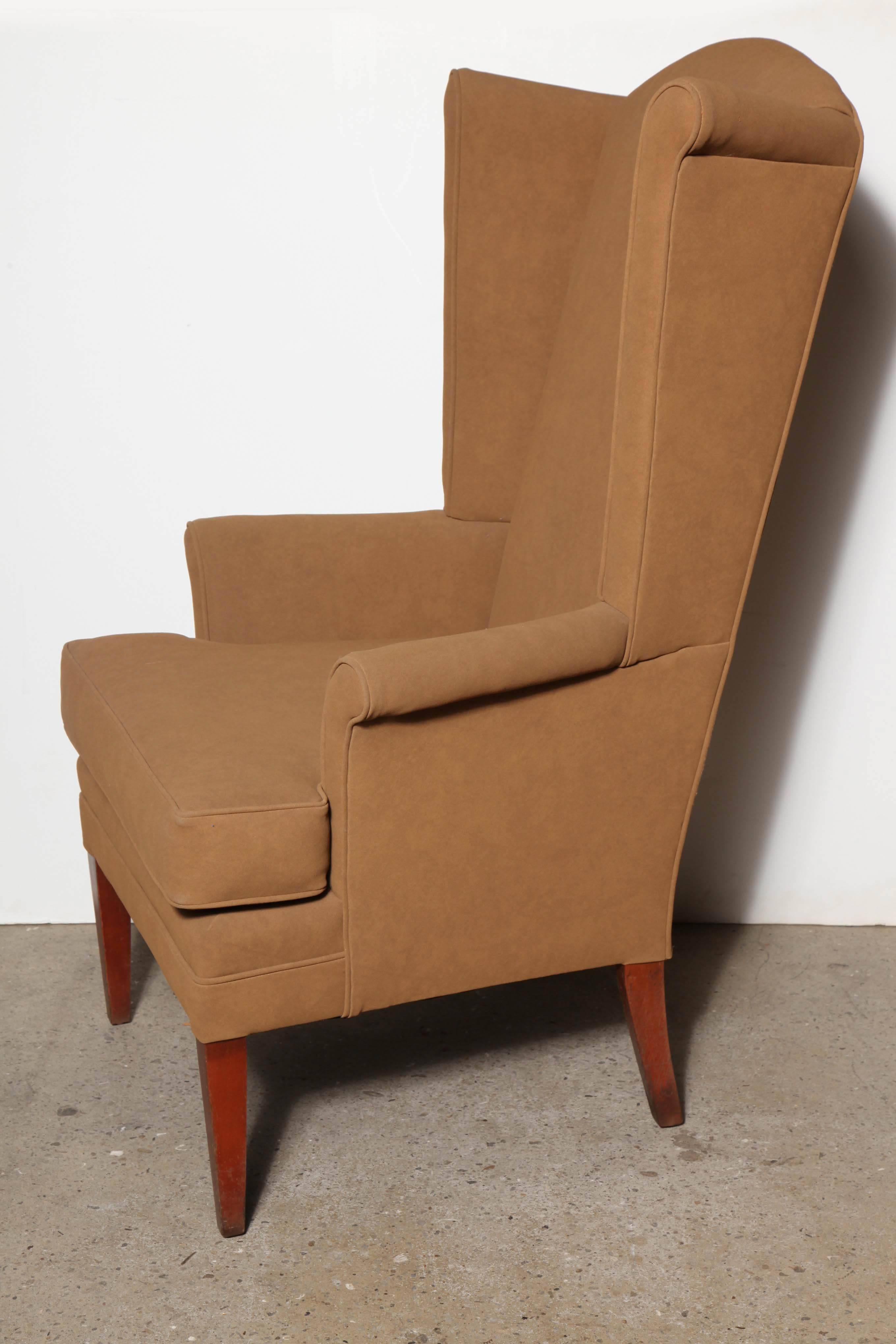 Pair of Tall, Narrow Mid Century Camel Highback Wingback Chairs In Good Condition In Bainbridge, NY