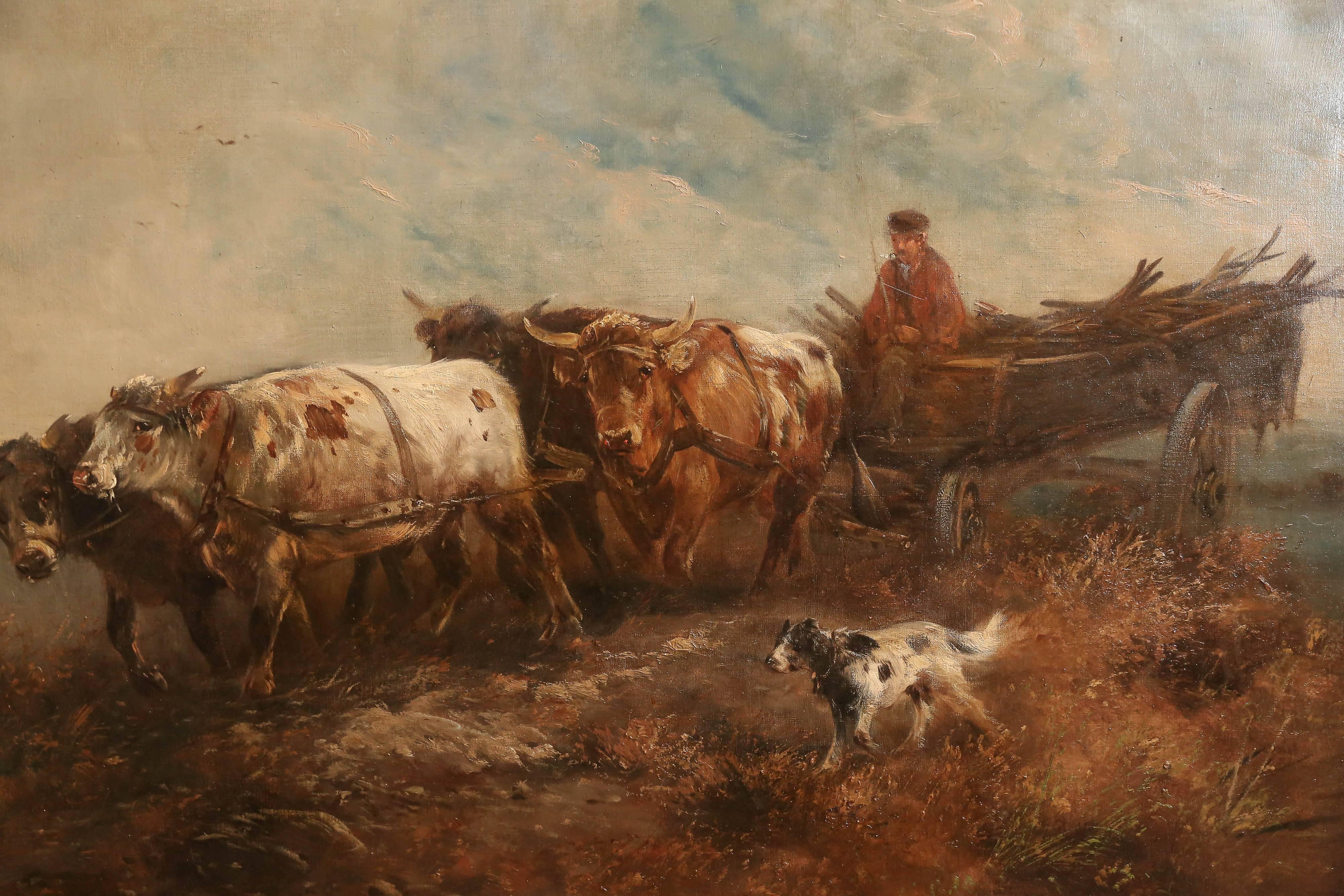 Oil painting by Henry Schouten 
A Belguim artist that was known for painting farm animals
And scenery. This painting depicting four oxen pulling a
Cart and driver with a cart filled with wood. The foreground 
Has a black a white spotted dog it