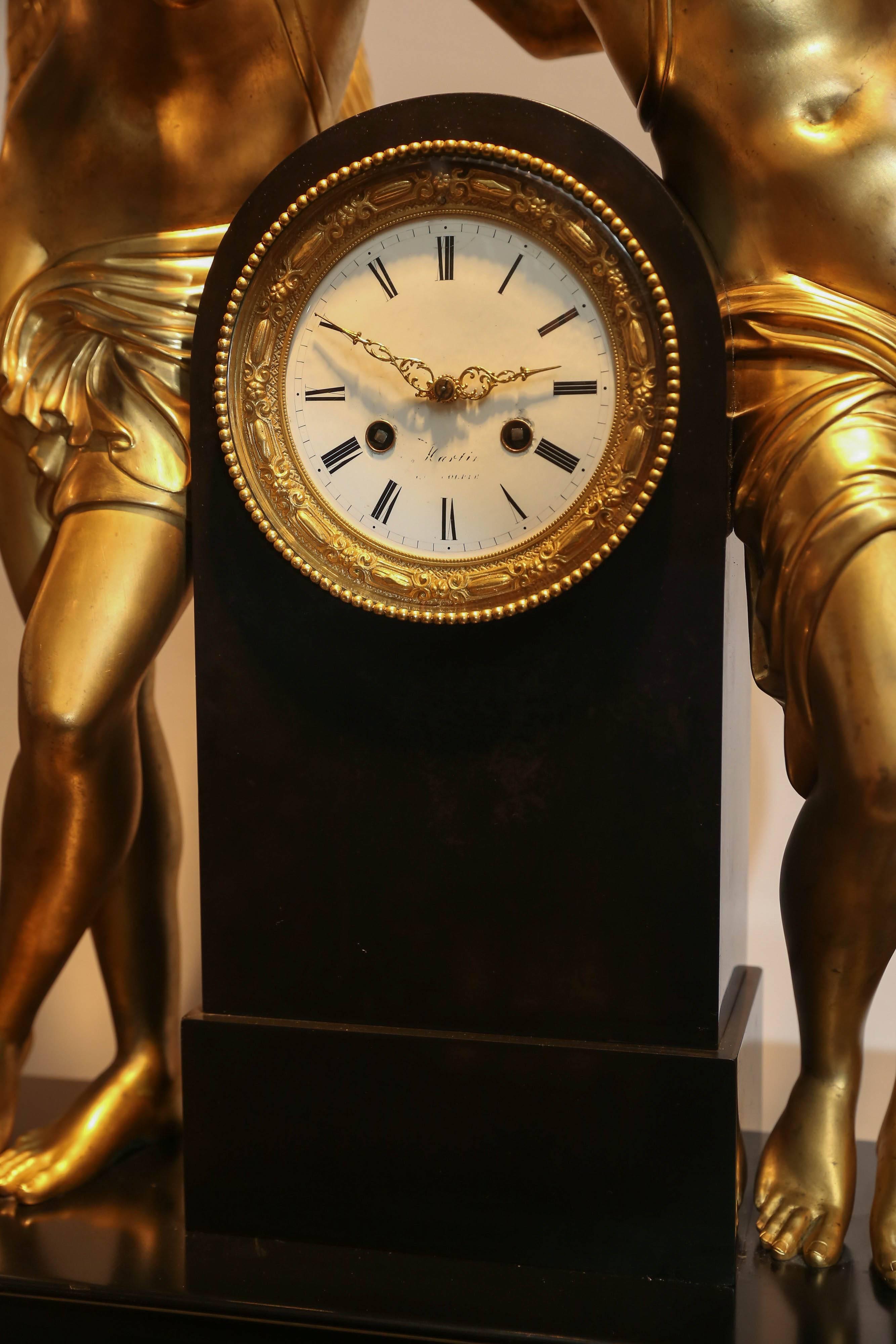 Gilt 19th Century Bronze Doré and Marble Clock by Marti
