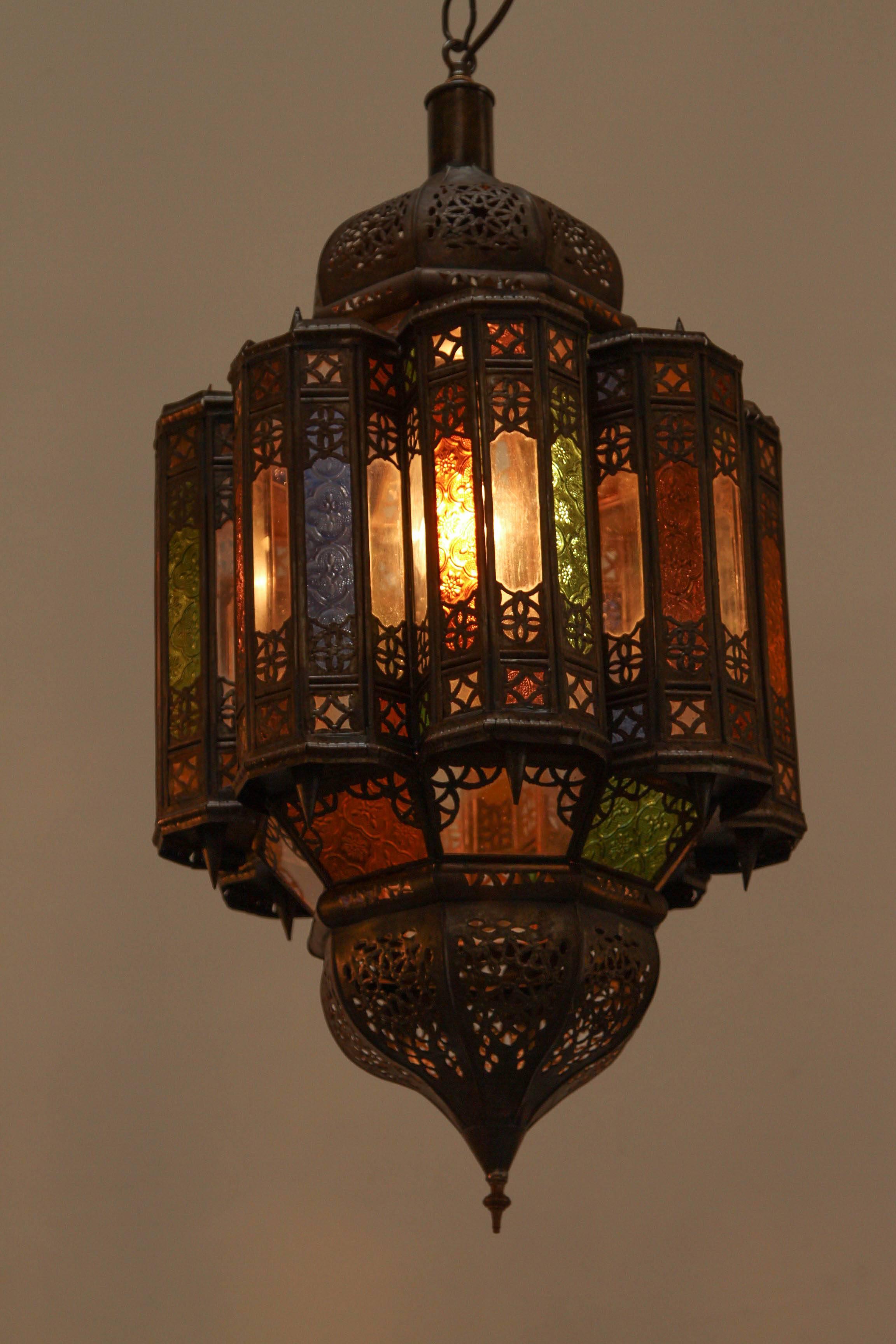 Vintage Moroccan Mamounia Glass Moorish Lantern In Good Condition In North Hollywood, CA