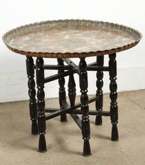 Vintage Middle Eastern Etched Round Copper Tray Table