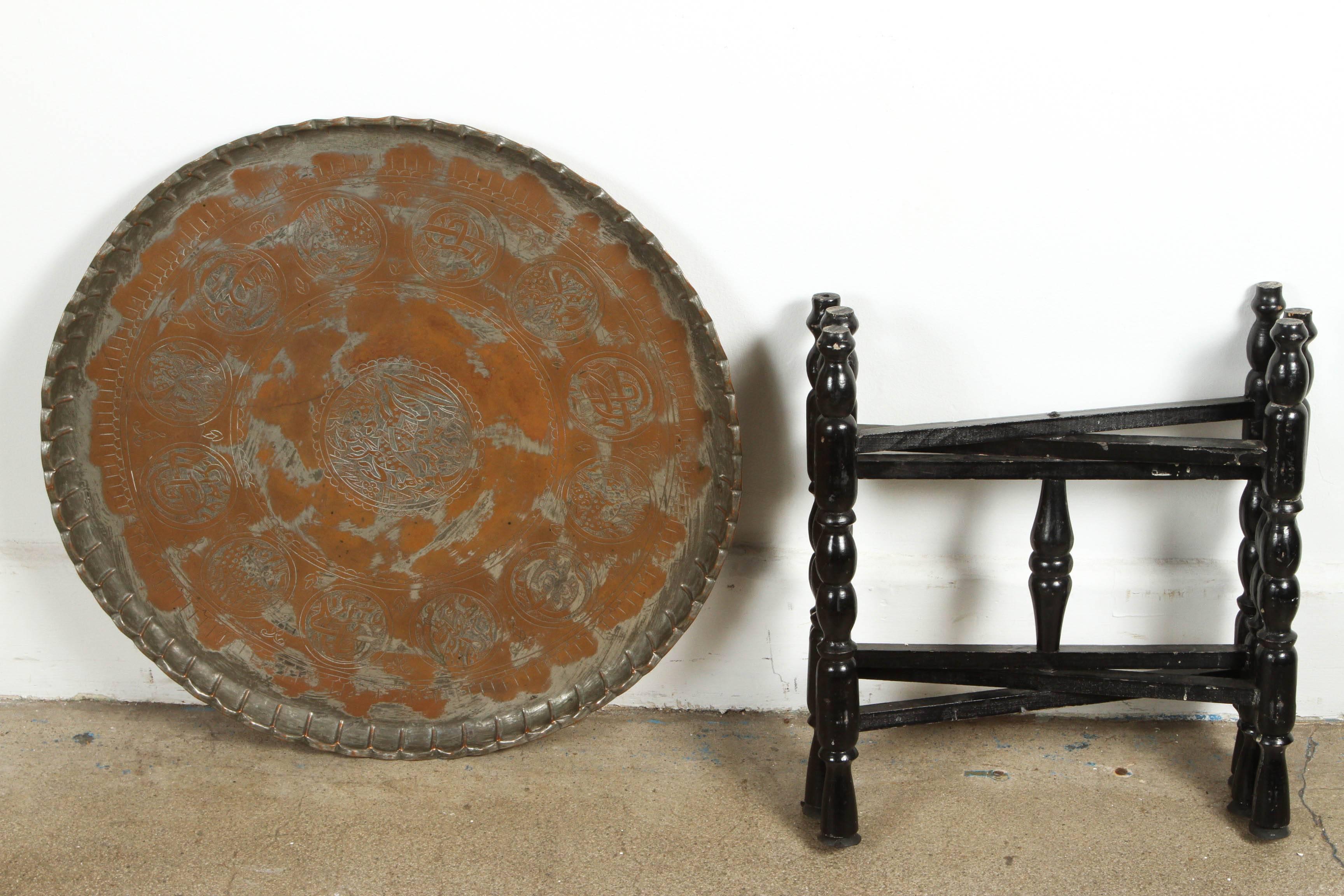 Moorish Vintage Middle Eastern Etched Round Copper Tray Table