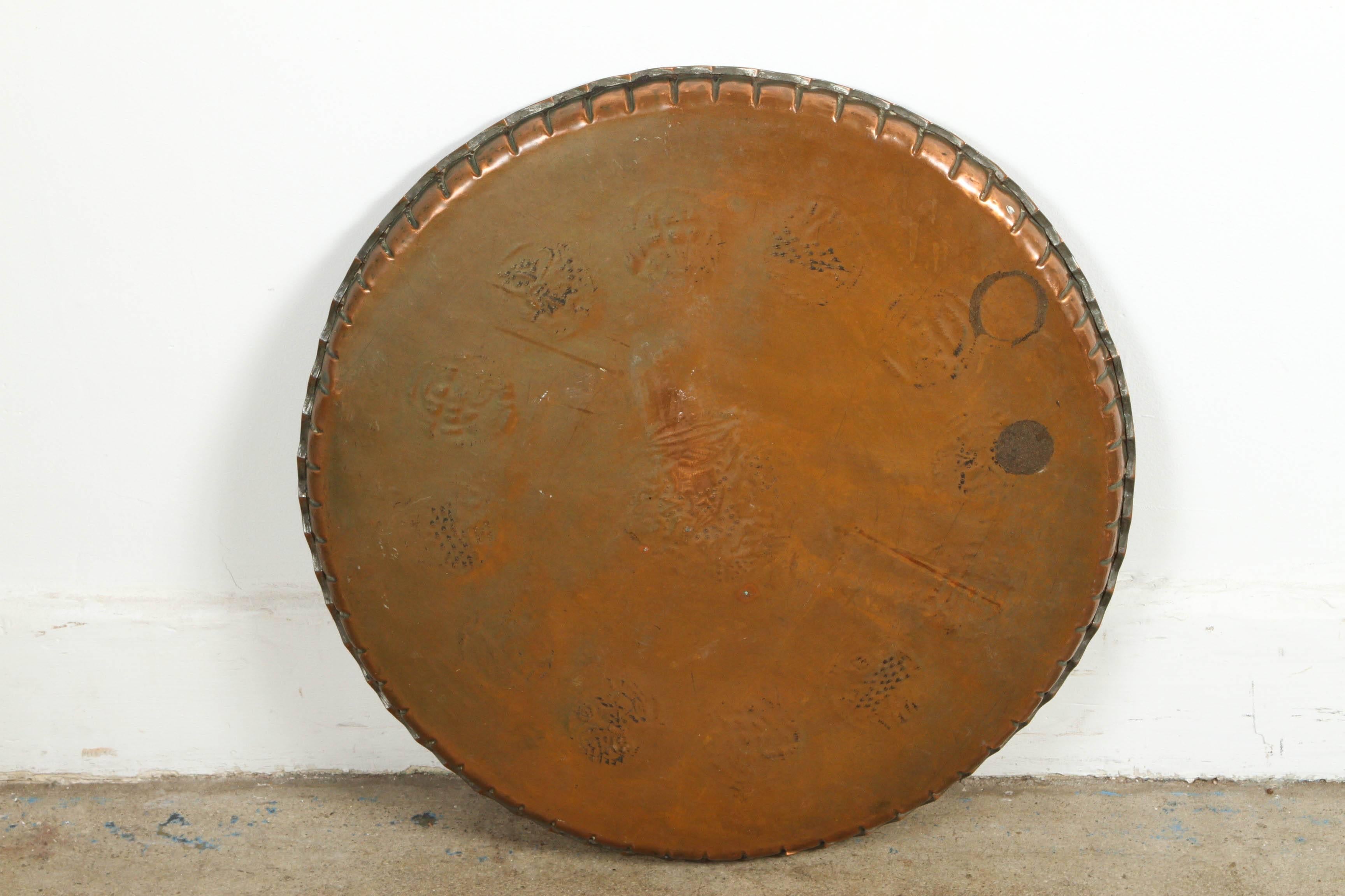 Turkish Vintage Middle Eastern Etched Round Copper Tray Table