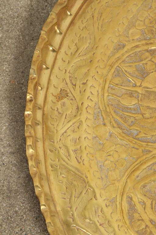 Large HandCrafted Decorative Persian Hammered Brass Tray For Sale at