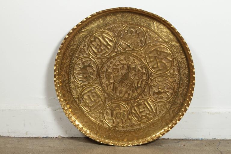 Large HandCrafted Decorative Persian Hammered Brass Tray For Sale at