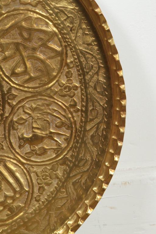 Large HandCrafted Decorative Persian Hammered Brass Tray For Sale at