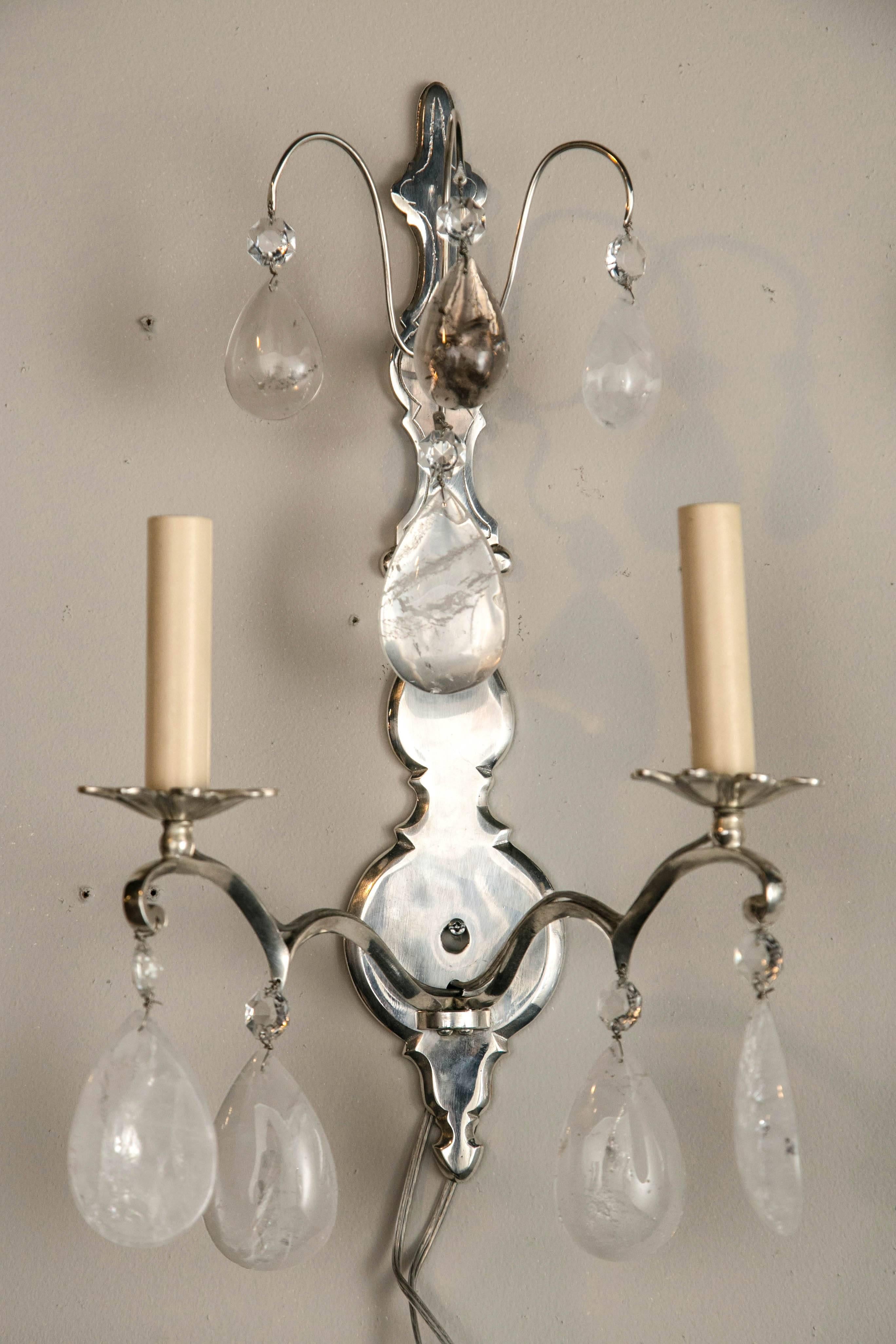 Silver Plated Bronze Rock Crystal Sconces In Excellent Condition For Sale In Stamford, CT