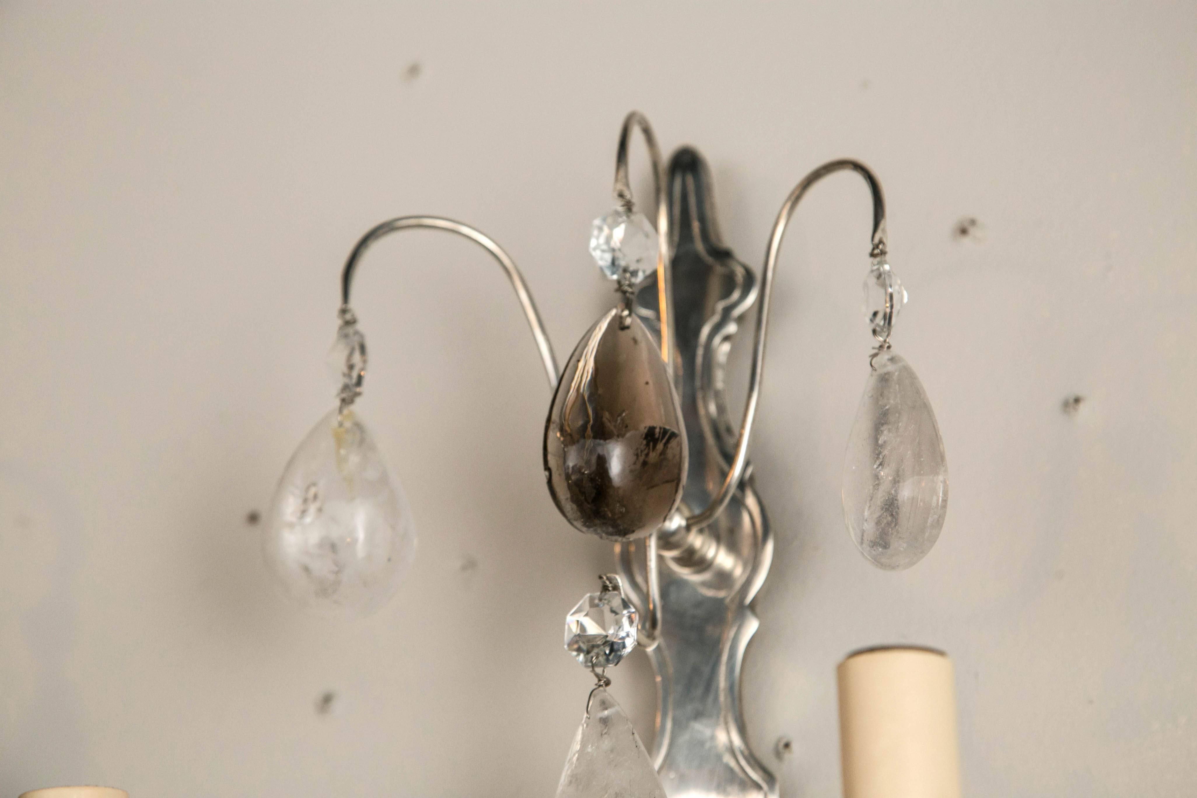 20th Century Silver Plated Bronze Rock Crystal Sconces For Sale