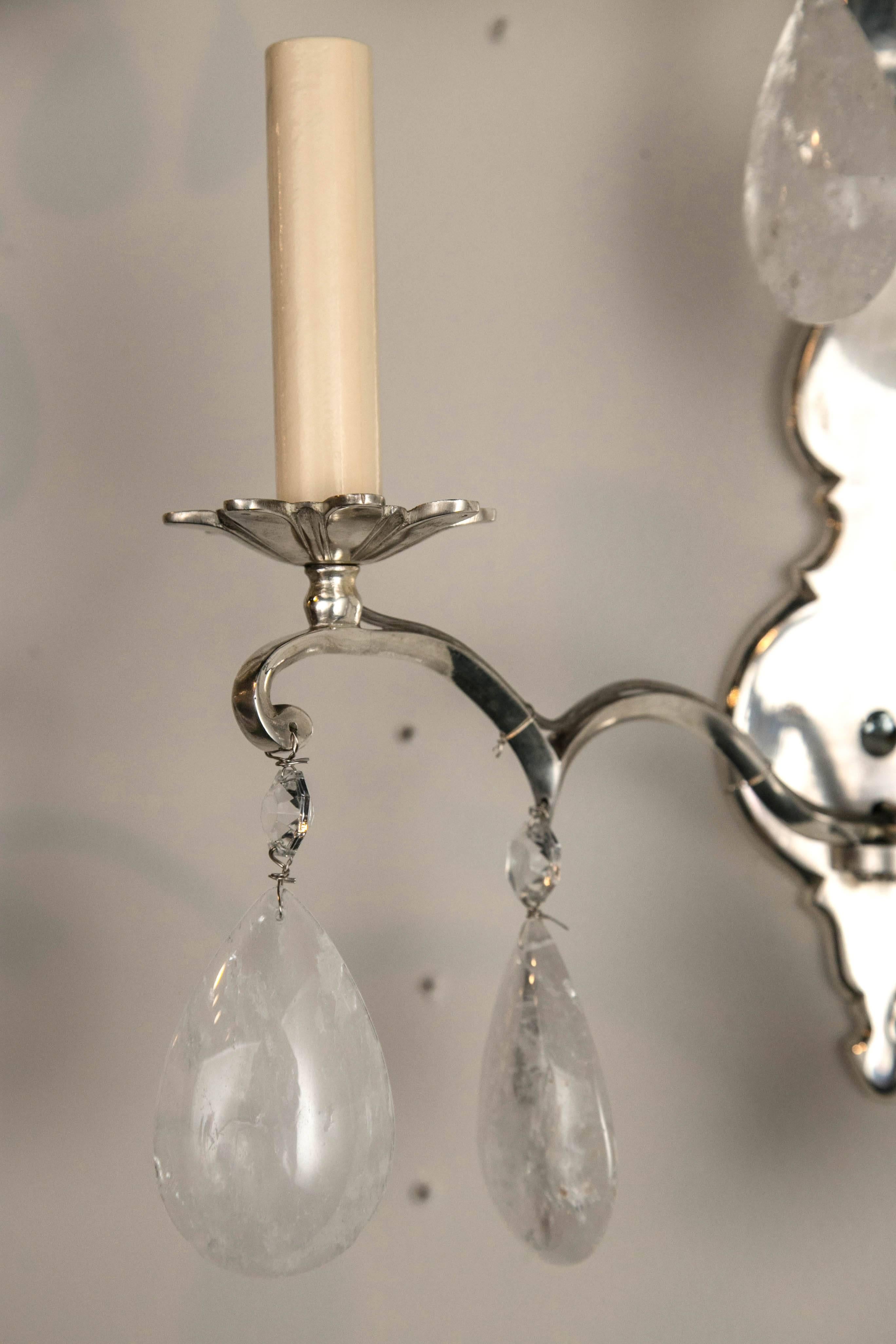 Silver Plated Bronze Rock Crystal Sconces For Sale 1