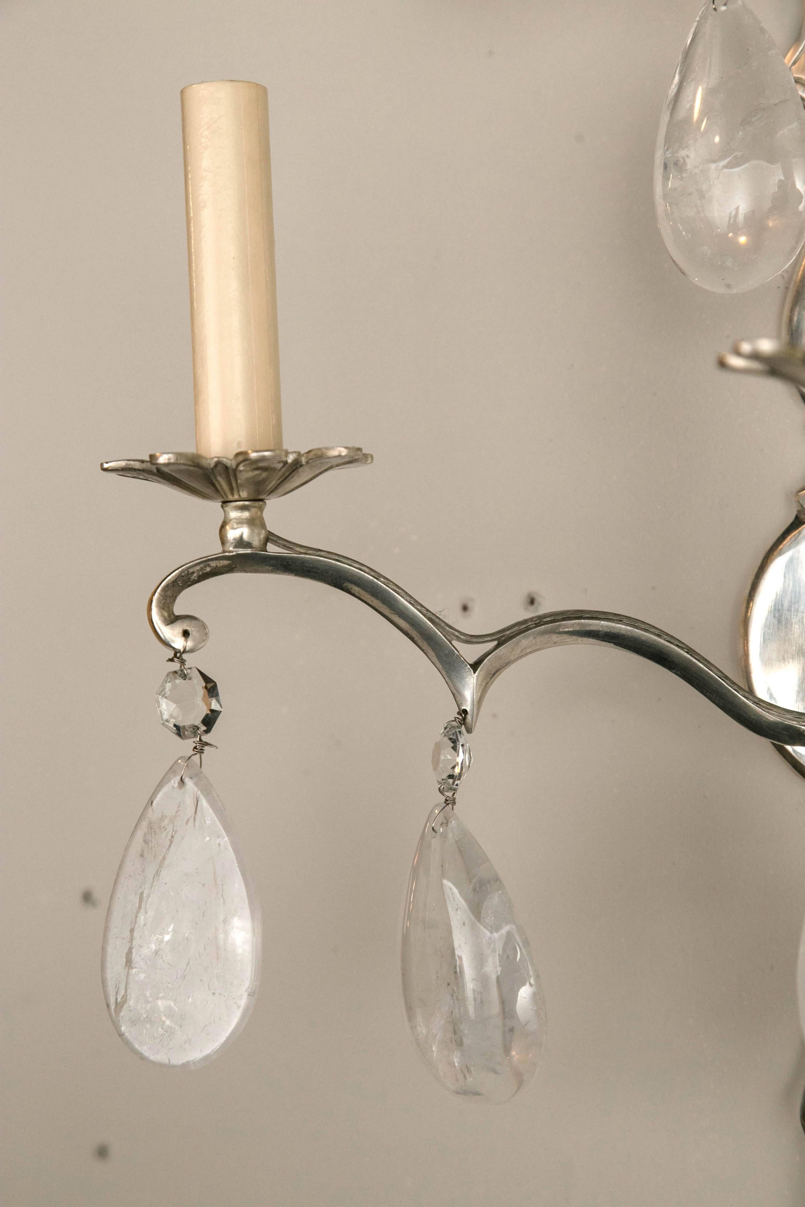Silver Plated Bronze Rock Crystal Sconces For Sale 2