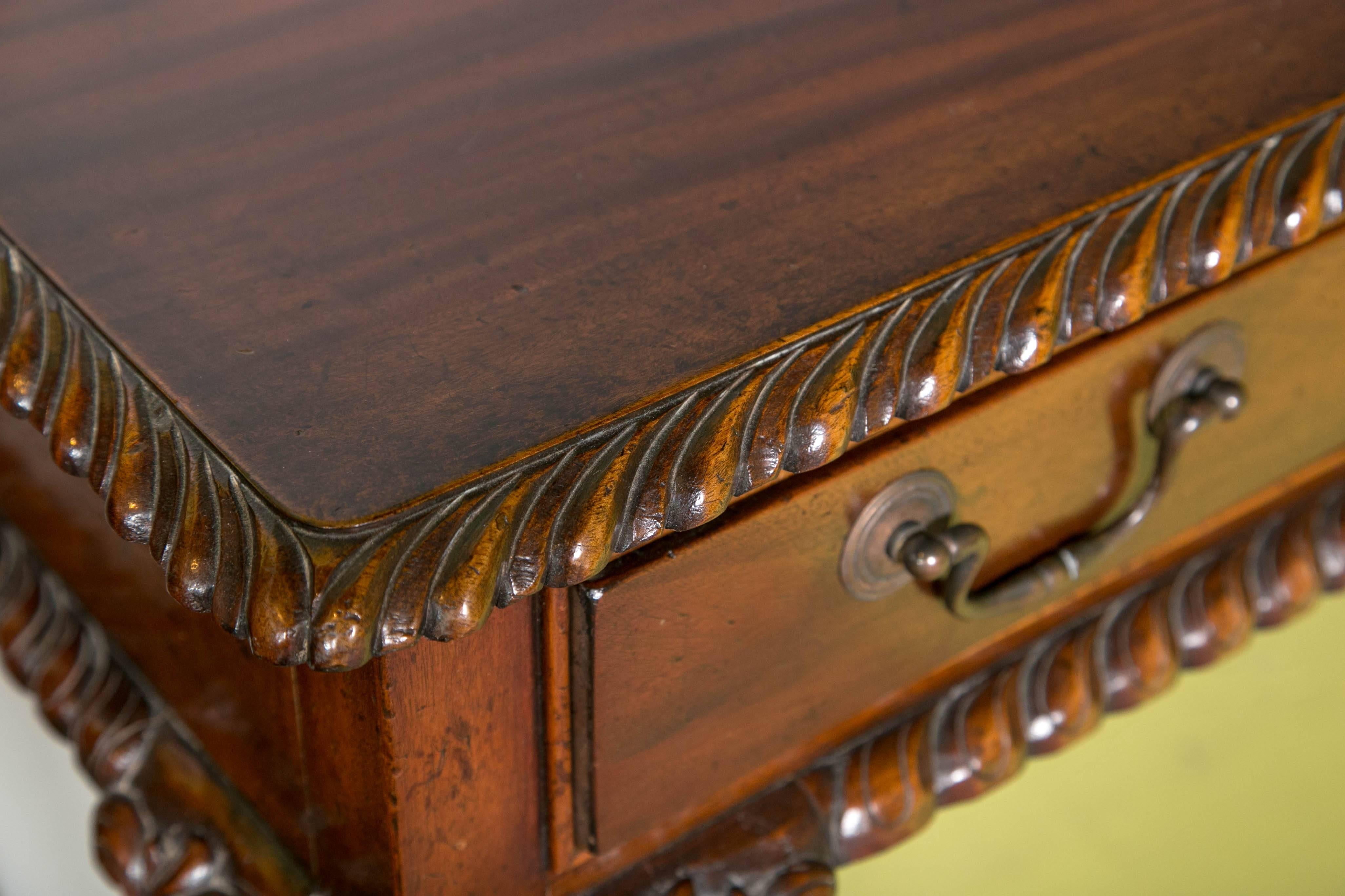 Beautifully carved mahogany 2 drawer desk. Finished on all sides.
