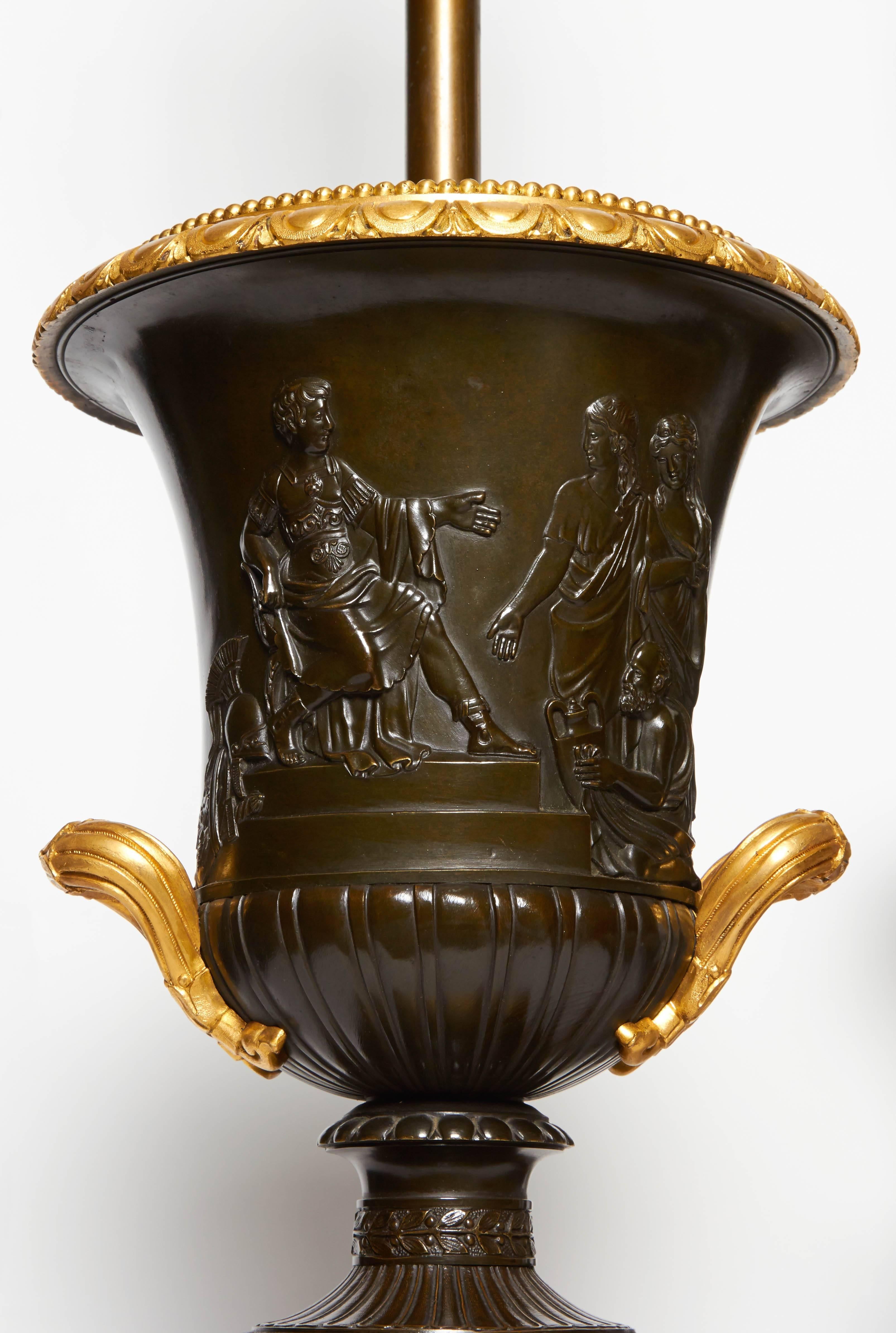 Patinated Fine Large Pair of Antique Neoclassical, Campagna Shaped Bronze Urns or Lamp For Sale
