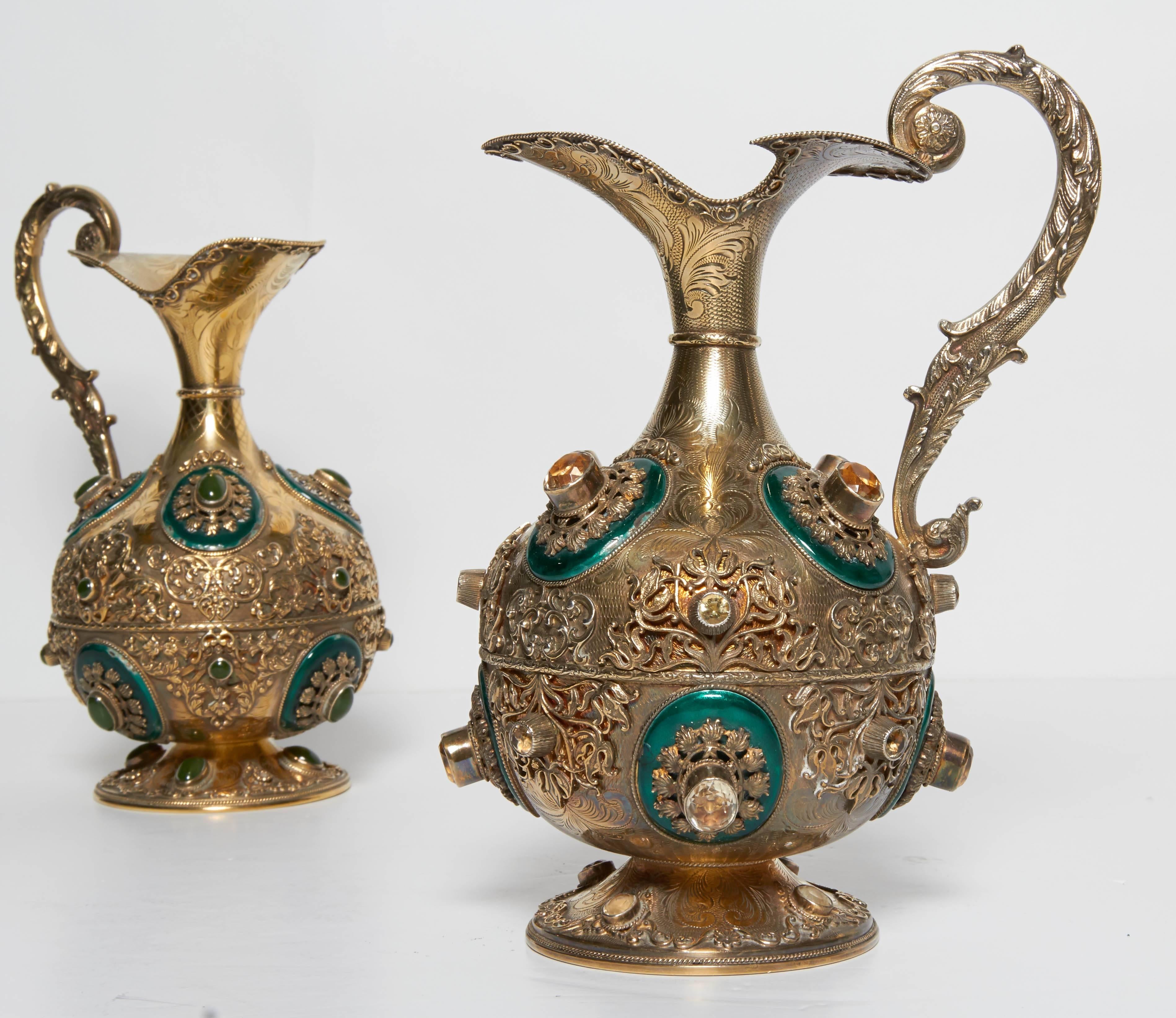 Fine Pair of Antique Austrian Enamel on Silver and Gold Jeweled Ewers In Excellent Condition For Sale In New York, NY