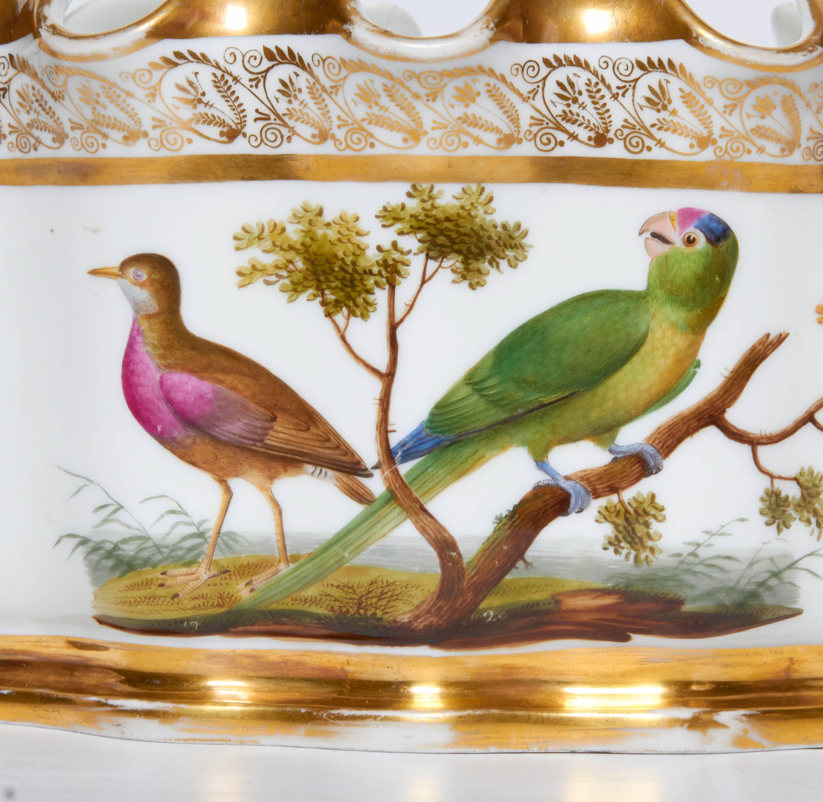 Neoclassical Pair of Naples-Decorated Porcelain Ornithological Glass Cooler/Rinser/Monteith