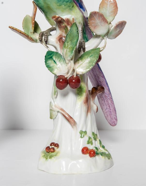Rococo Revival Pair of Meissen Porcelain Figures of Parrots with Cherries, Insects and Flowers
