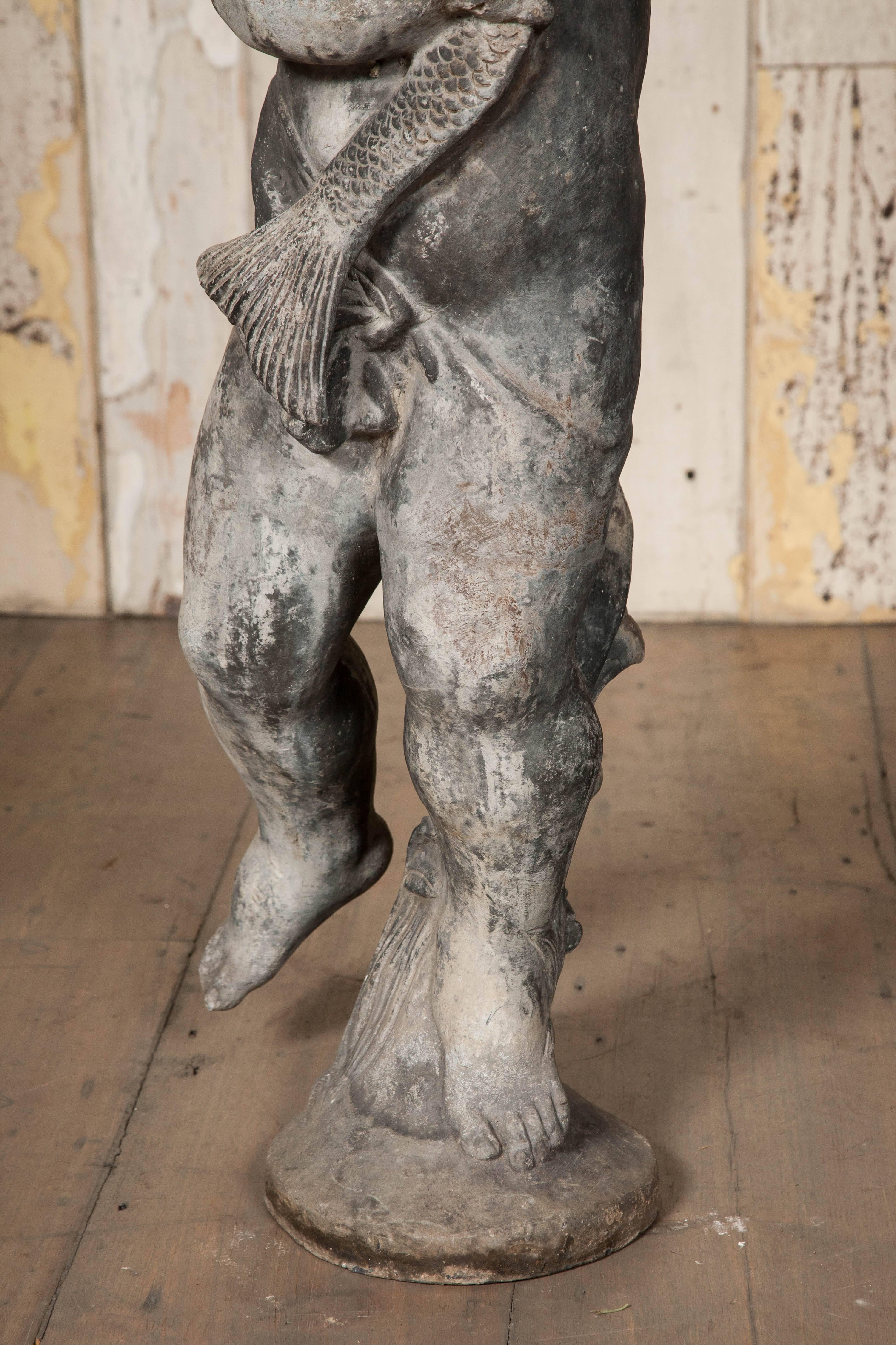 English Antique Boy with Pike Lead Fountain For Sale