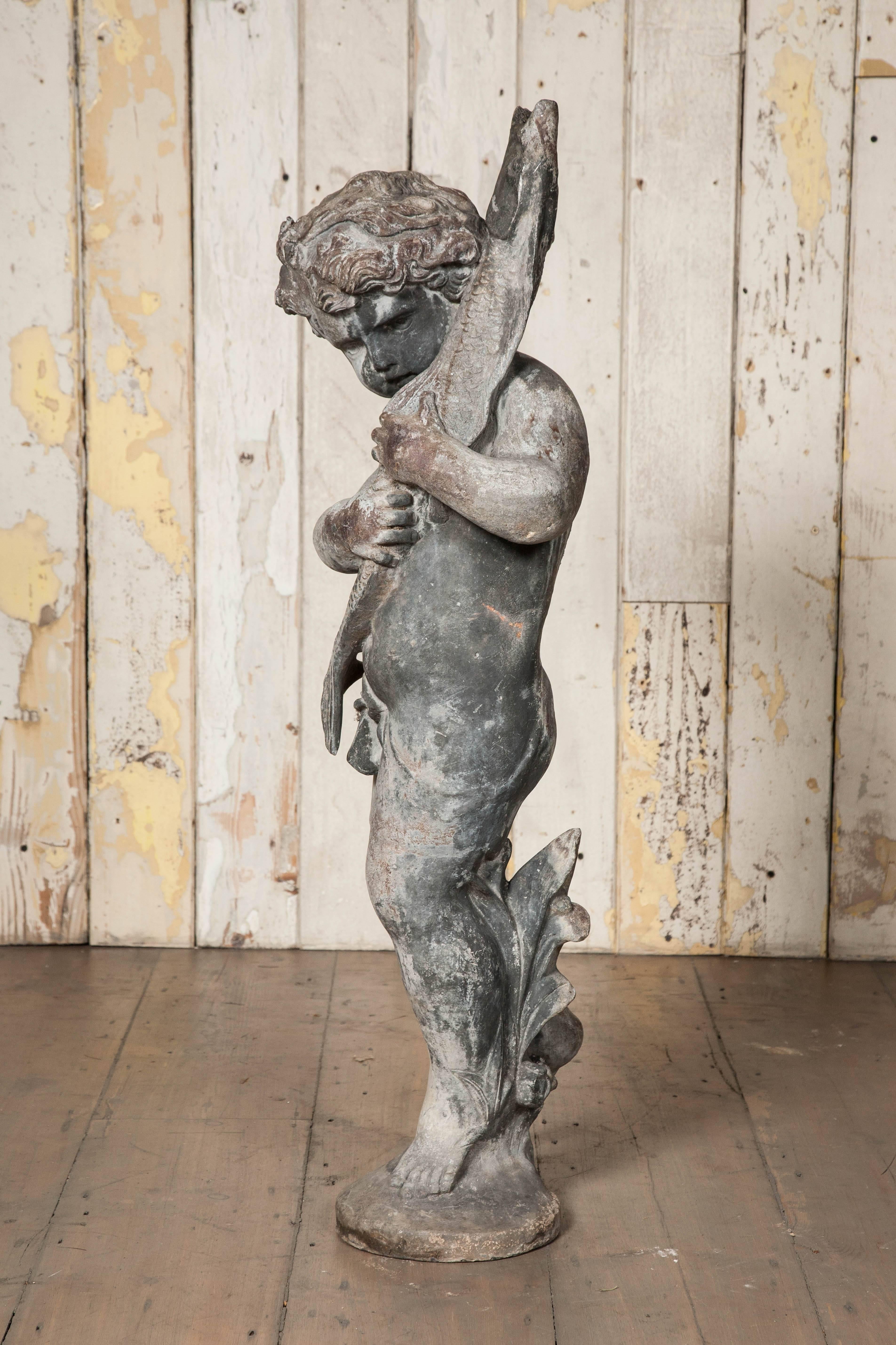 Cast Antique Boy with Pike Lead Fountain For Sale