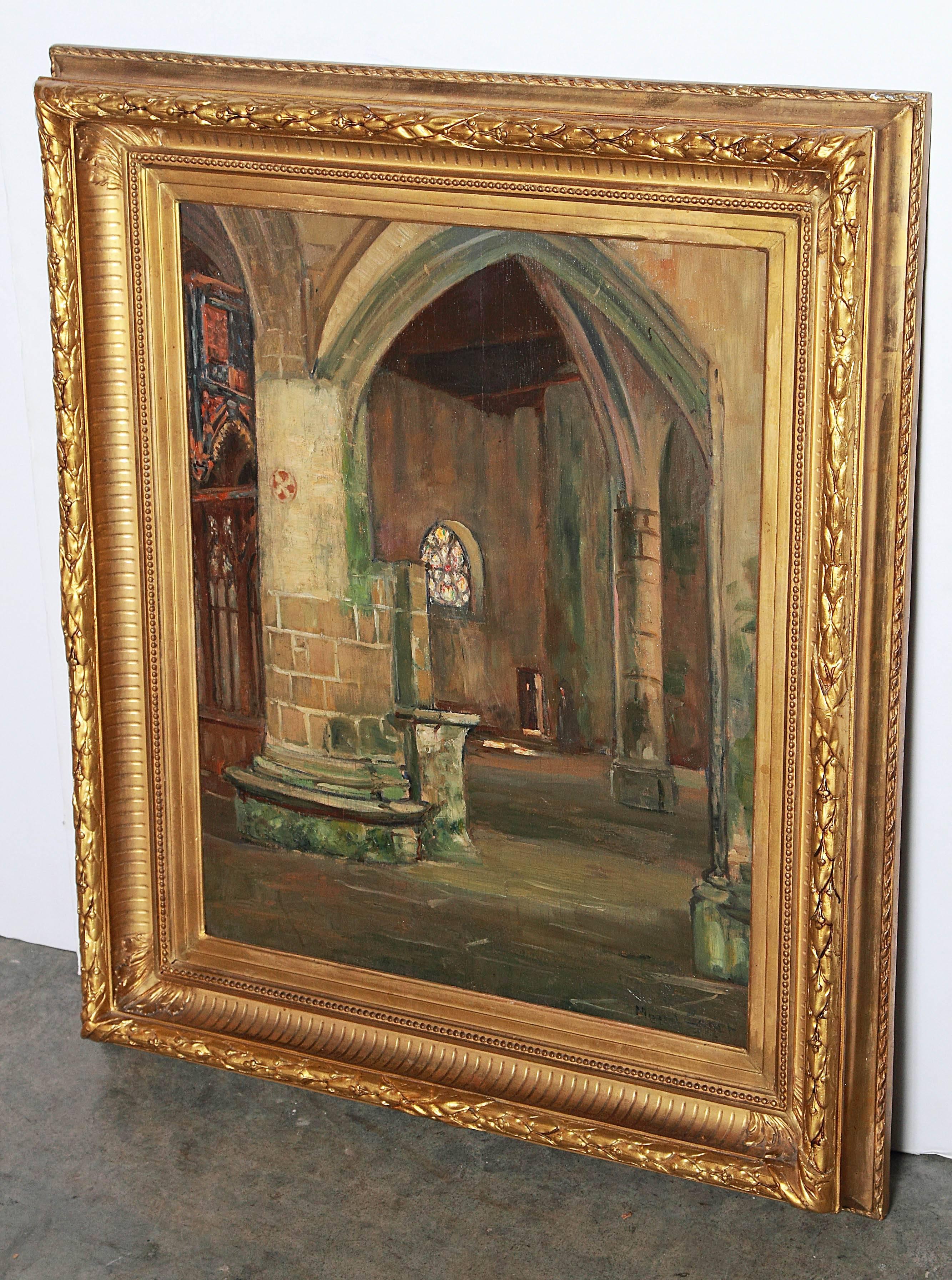 Gothic Giltwood Framed French Oil Painting on Board by M. Canet